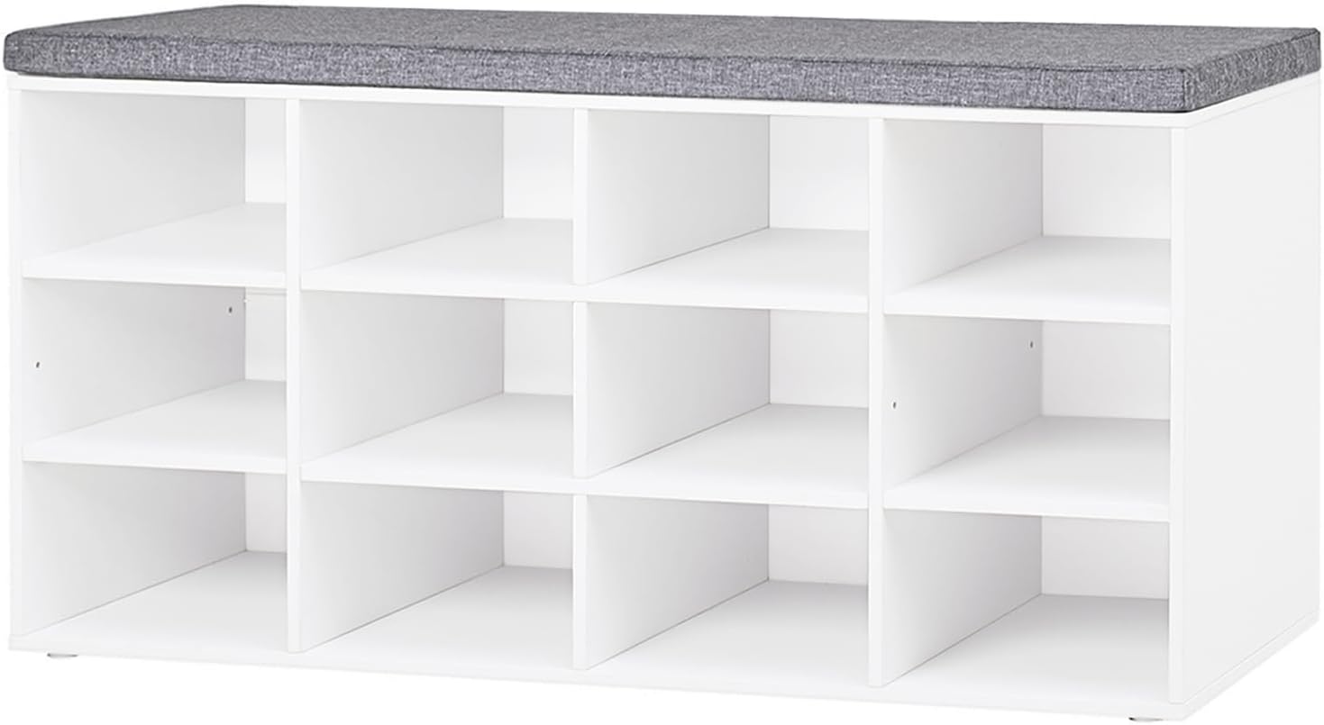 DINZI LVJ Shoe Storage Bench with Cushion, Cubby Shoe Rack with 12 Cubbies, Adjustable Shelves, Multifunctional Shoe Organizer Bench for Entryway, Mudroom, Hallway, Closet and Garage, White