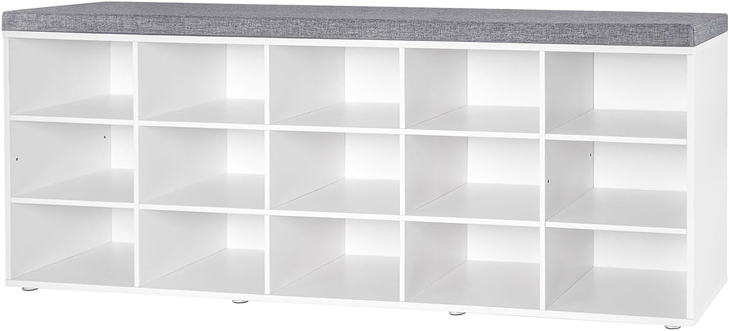 DINZI LVJ Shoe Storage Bench with Cushion, Cubby Shoe Rack with 12 Cubbies, Adjustable Shelves, Multifunctional Shoe Organizer Bench for Entryway, Mudroom, Hallway, Closet and Garage, White