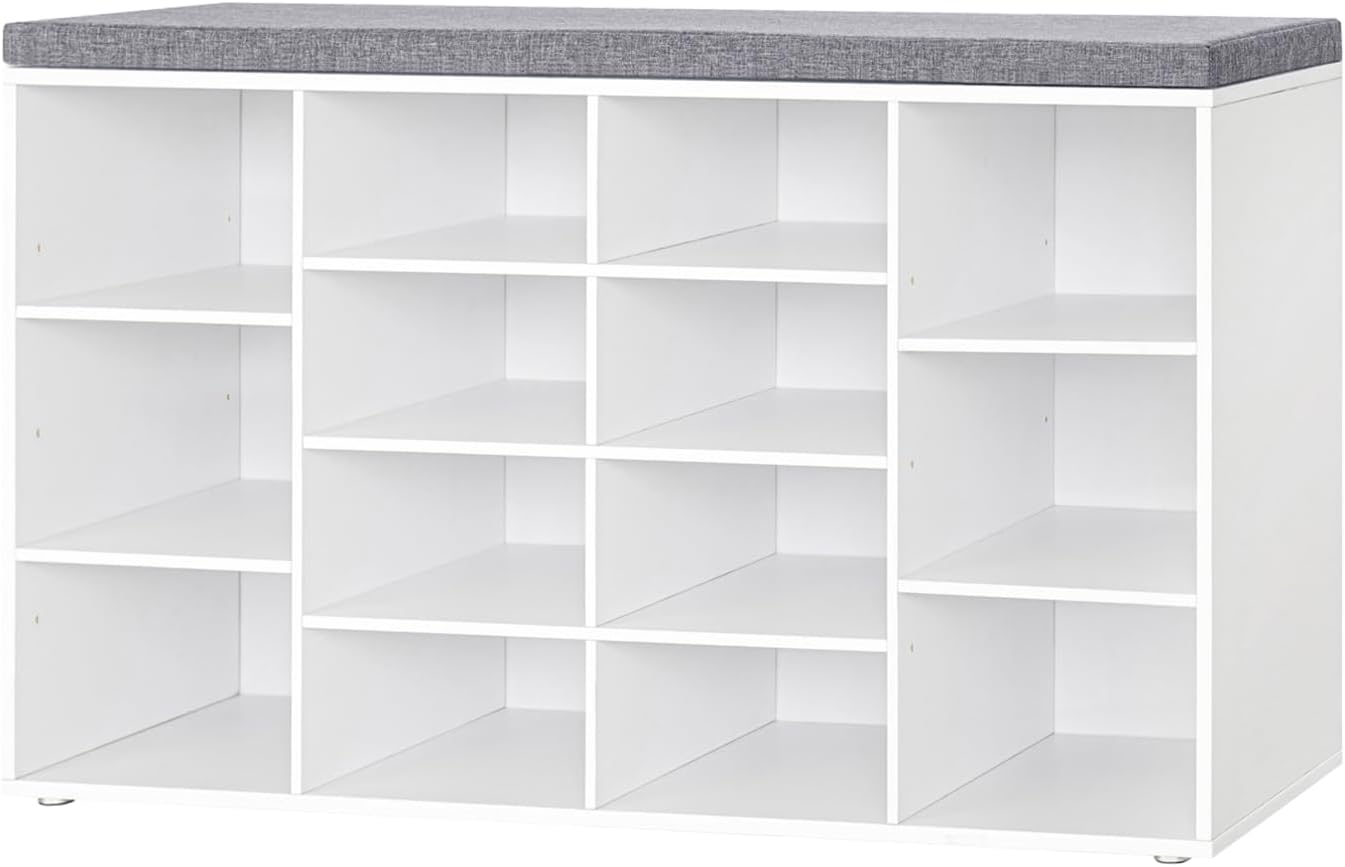 DINZI LVJ Shoe Storage Bench with Cushion, Cubby Shoe Rack with 12 Cubbies, Adjustable Shelves, Multifunctional Shoe Organizer Bench for Entryway, Mudroom, Hallway, Closet and Garage, White