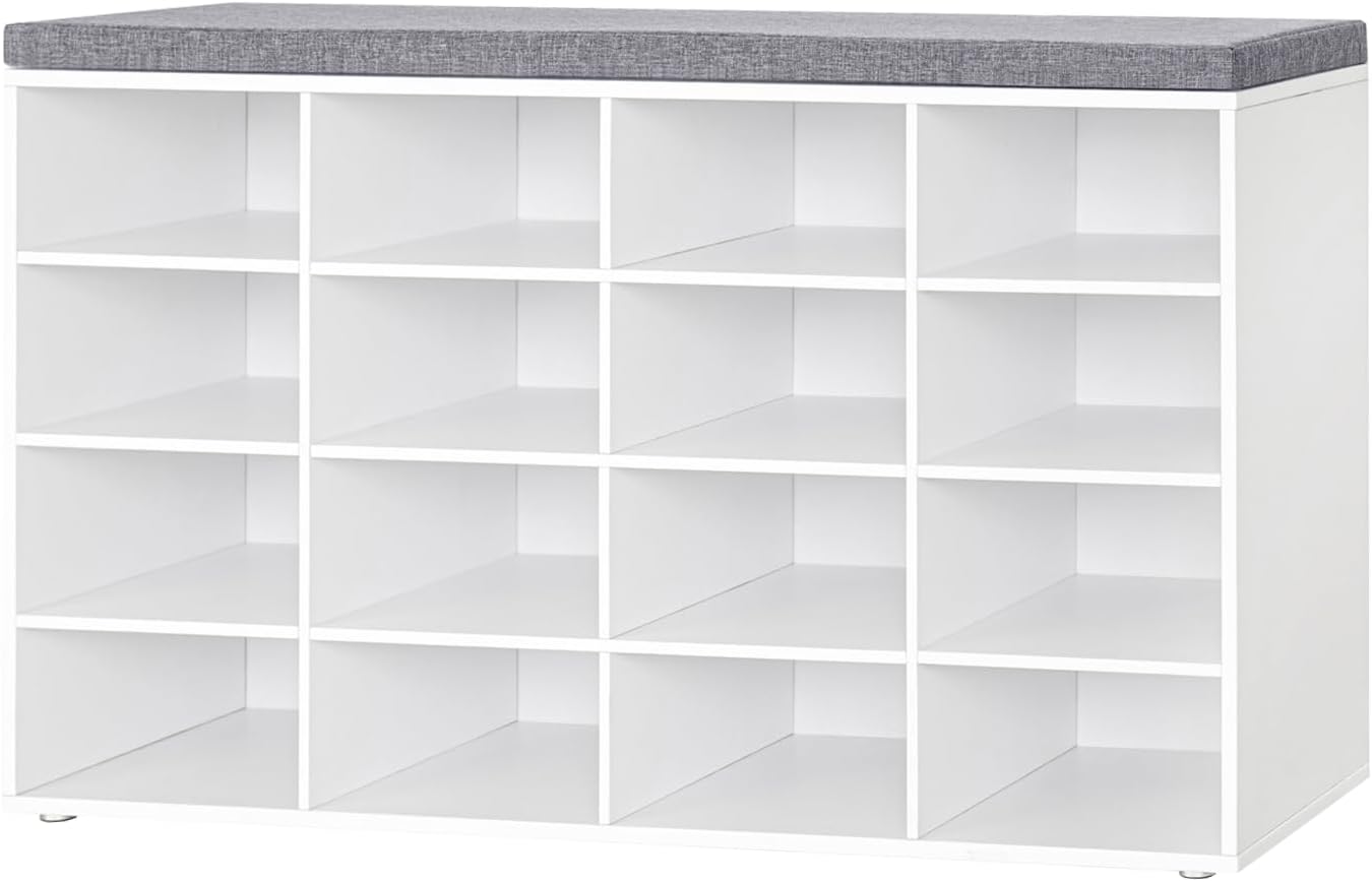 DINZI LVJ Shoe Storage Bench with Cushion, Cubby Shoe Rack with 12 Cubbies, Adjustable Shelves, Multifunctional Shoe Organizer Bench for Entryway, Mudroom, Hallway, Closet and Garage, White