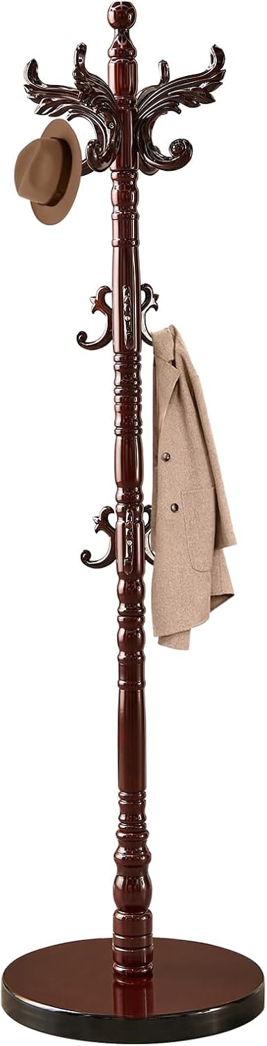 Wooden Coat Rack Stand Sturdy Triangle Base, Natural Birch Wood Coat Racks Freestanding, Vintage Solid Wood Coat Tree Stand with 14 Hooks, Classic Sturdy Coat Racks Hall Tree for Entryway