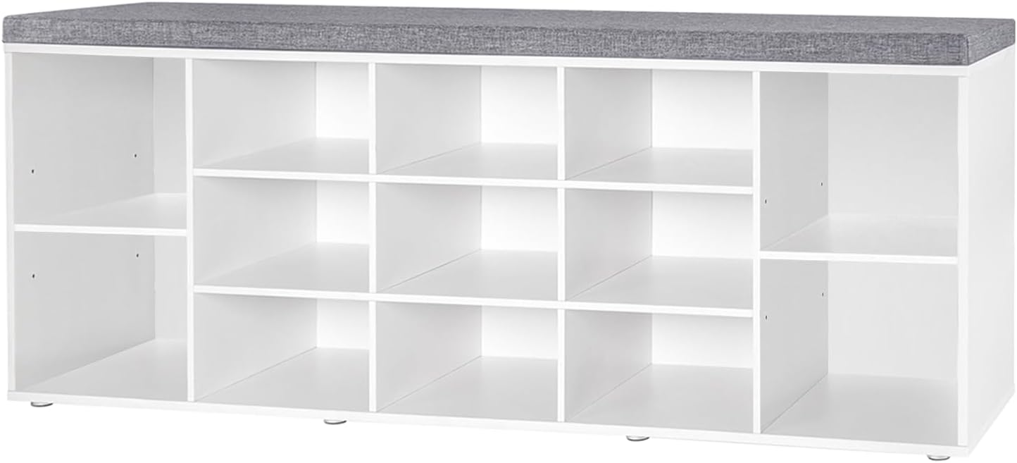 DINZI LVJ Shoe Storage Bench with Cushion, Cubby Shoe Rack with 12 Cubbies, Adjustable Shelves, Multifunctional Shoe Organizer Bench for Entryway, Mudroom, Hallway, Closet and Garage, White