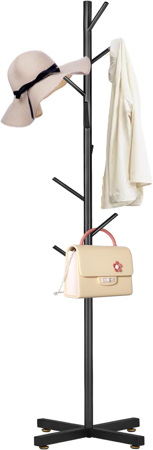 Wooden Coat Rack Stand Sturdy Triangle Base, Natural Birch Wood Coat Racks Freestanding, Vintage Solid Wood Coat Tree Stand with 14 Hooks, Classic Sturdy Coat Racks Hall Tree for Entryway