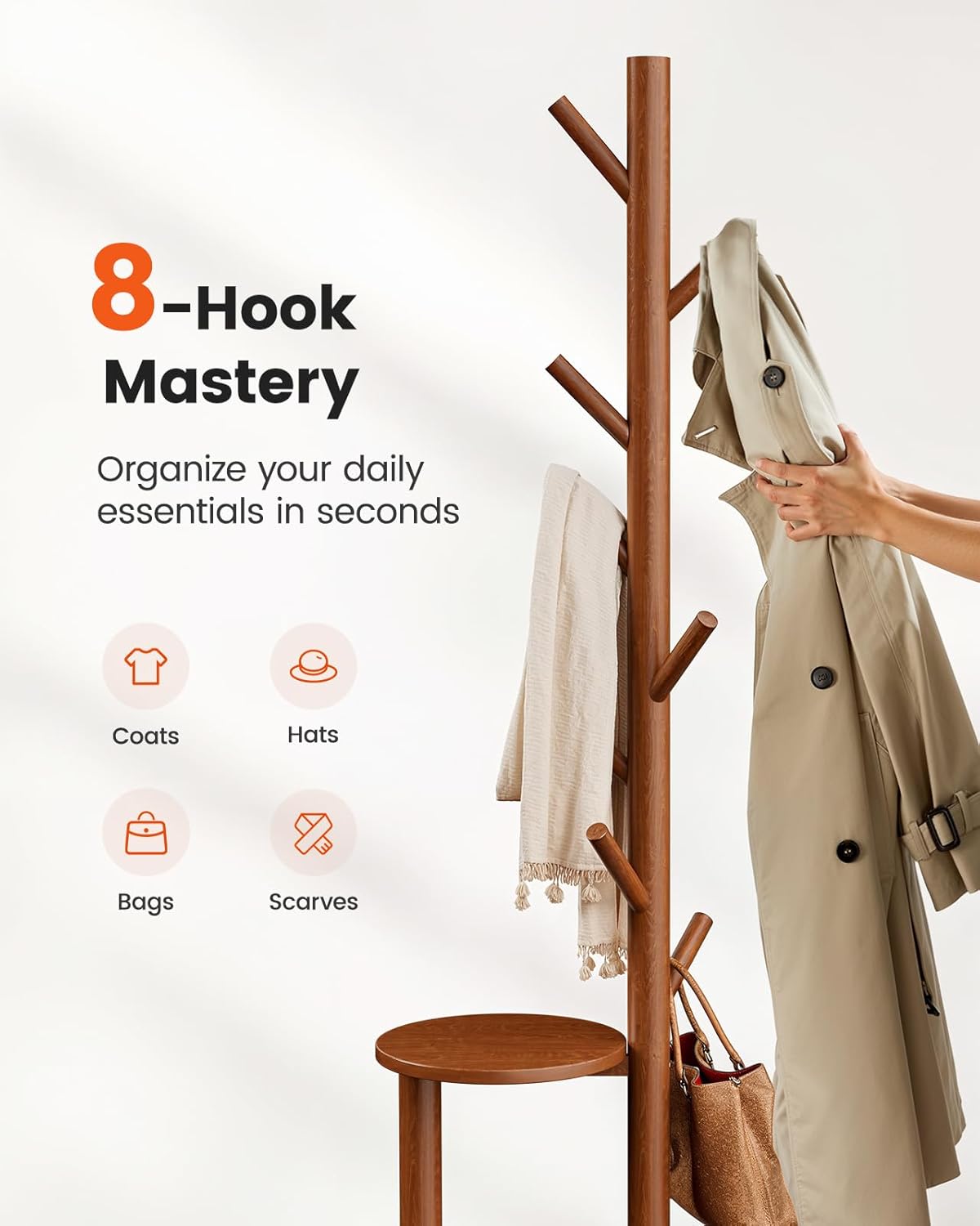 Pipishell Coat Rack, Freestanding Hall Tree with 8 Hooks & Storage Shelf, Solid Wood Base, 66.3″ Tall Coat Rack Stand for Coats, Hats, Bag in Entryway, Bedroom, Living Room, Brown, PIFCR11BN