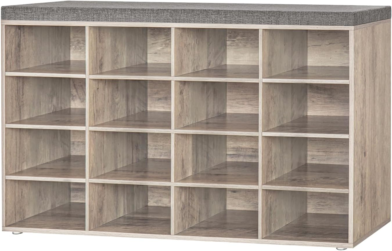 DINZI LVJ Shoe Storage Bench with Cushion, Cubby Shoe Rack with 12 Cubbies, Adjustable Shelves, Multifunctional Shoe Organizer Bench for Entryway, Mudroom, Hallway, Closet and Garage, White