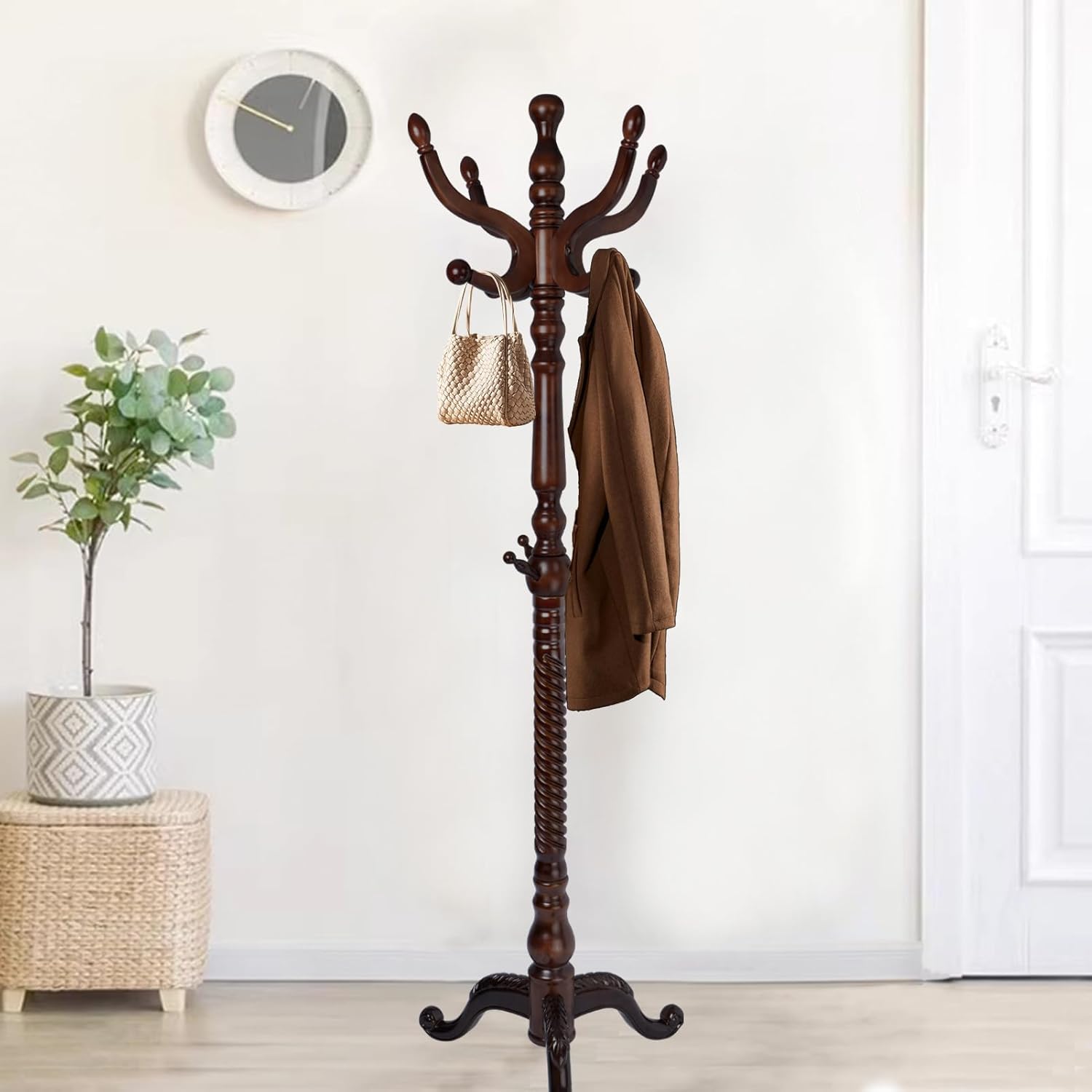 Wooden Coat Rack Freestanding, Hall Tree Hanger With Resin Hooks, Adjustable Heavy Duty Coat Rack for Hanging Clothes Bags Hats in Living Room Bedroom (coat rack, Round Base-Rosewood Color)