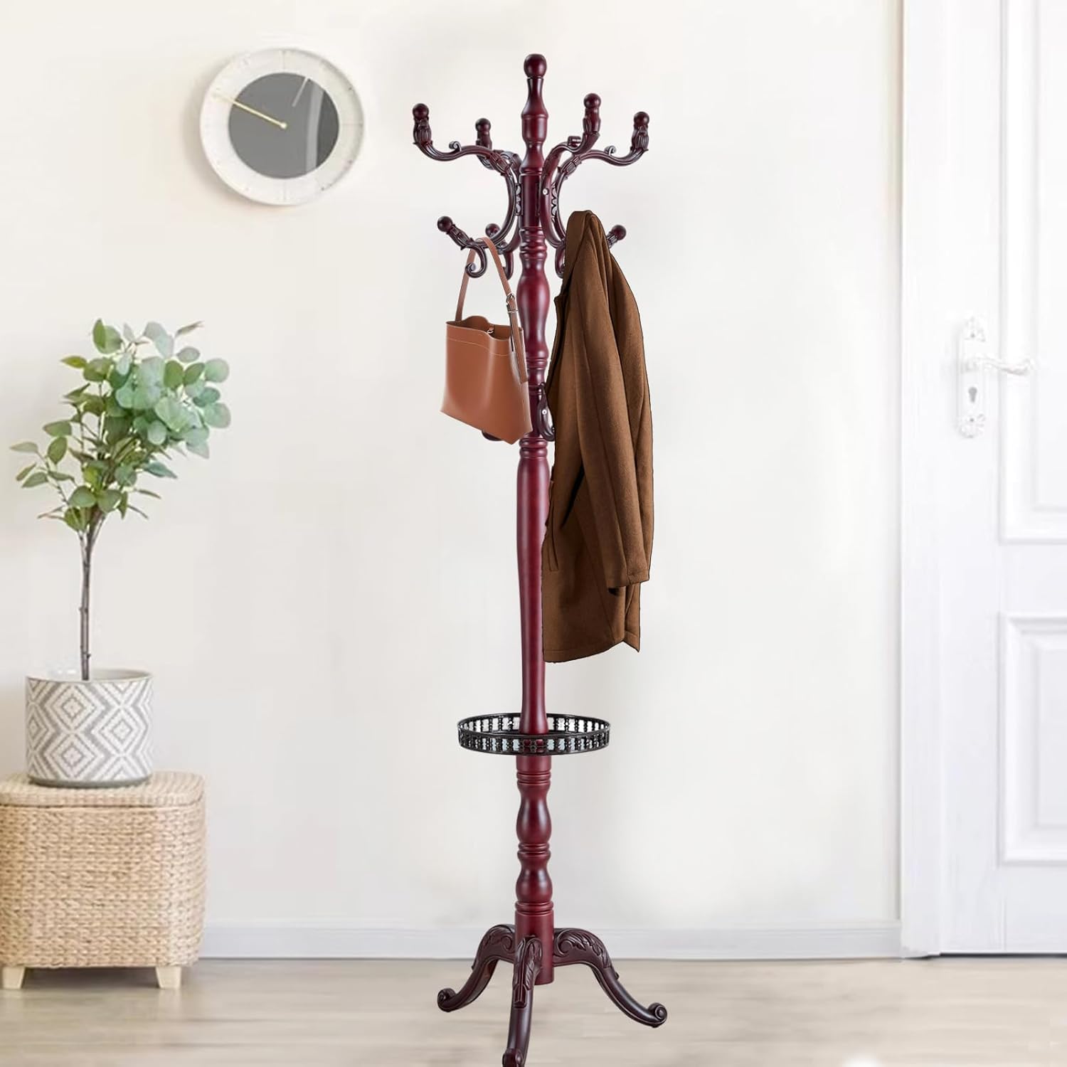Wooden Coat Rack Freestanding, Hall Tree Hanger With Resin Hooks, Adjustable Heavy Duty Coat Rack for Hanging Clothes Bags Hats in Living Room Bedroom (coat rack, Round Base-Rosewood Color)