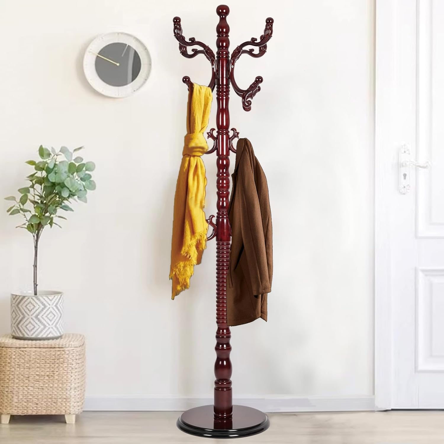 Wooden Coat Rack Freestanding, Hall Tree Hanger With Resin Hooks, Adjustable Heavy Duty Coat Rack for Hanging Clothes Bags Hats in Living Room Bedroom (coat rack, Round Base-Rosewood Color)