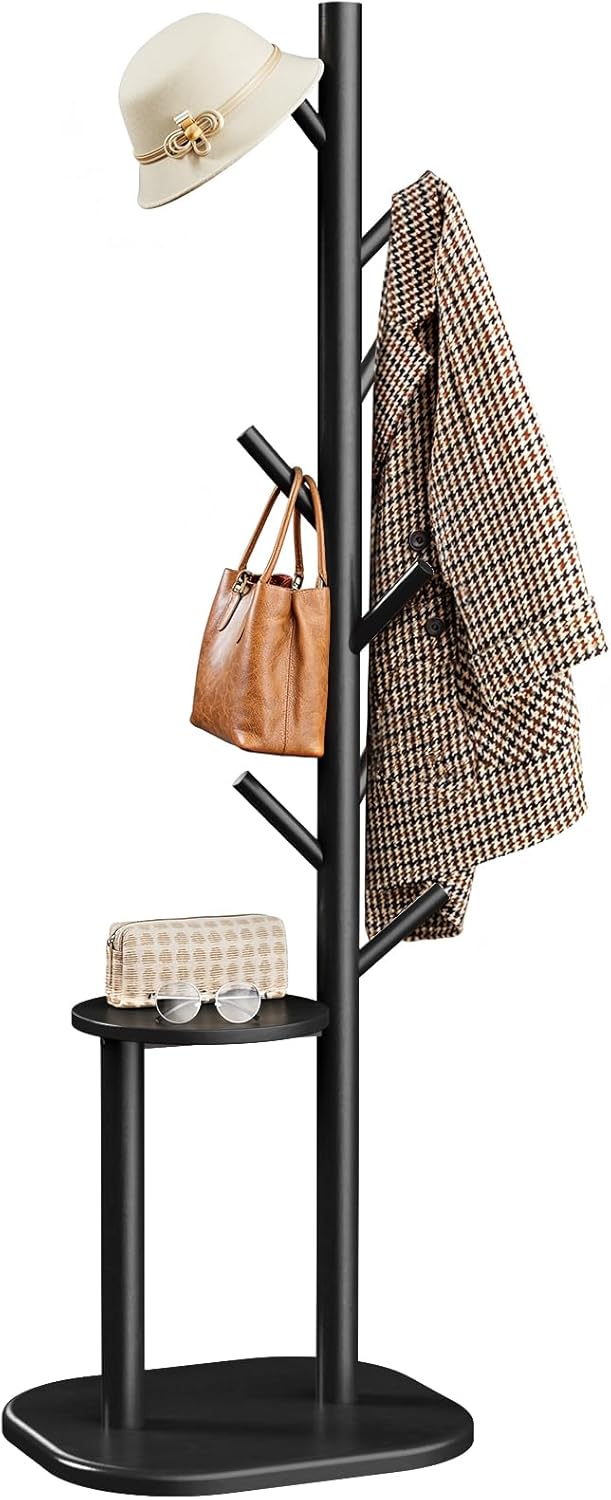 Pipishell Coat Rack, Freestanding Hall Tree with 8 Hooks & Storage Shelf, Solid Wood Base, 66.3″ Tall Coat Rack Stand for Coats, Hats, Bag in Entryway, Bedroom, Living Room, Brown, PIFCR11BN