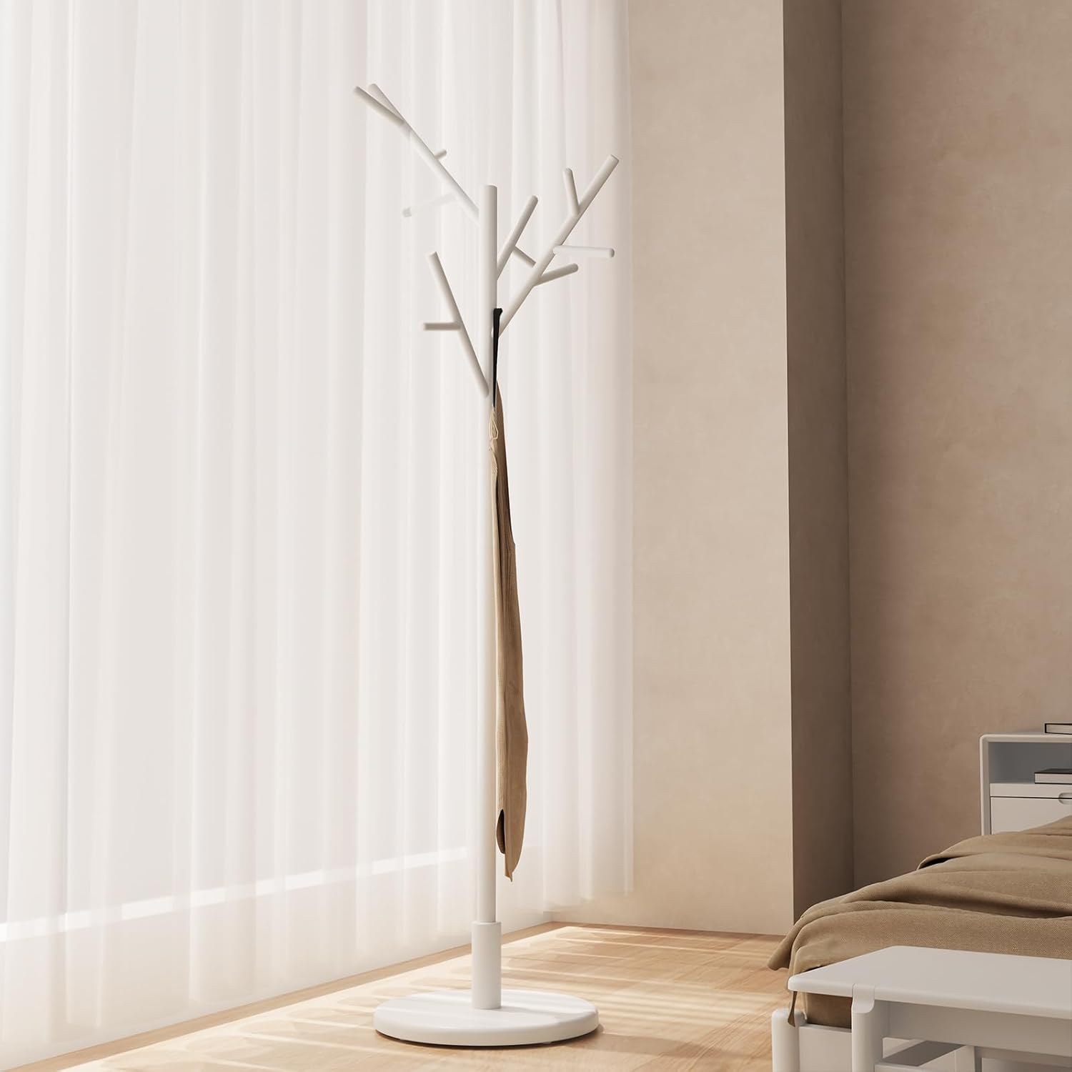 Coat Rack,Solid Wood Coat Rack Freestanding with 12 Hooks,Coat tree freestanding 3 Adjustable Heights for coat, Hats, Handbags，Coat Stand for Entryway,Bedroom (Walnut)