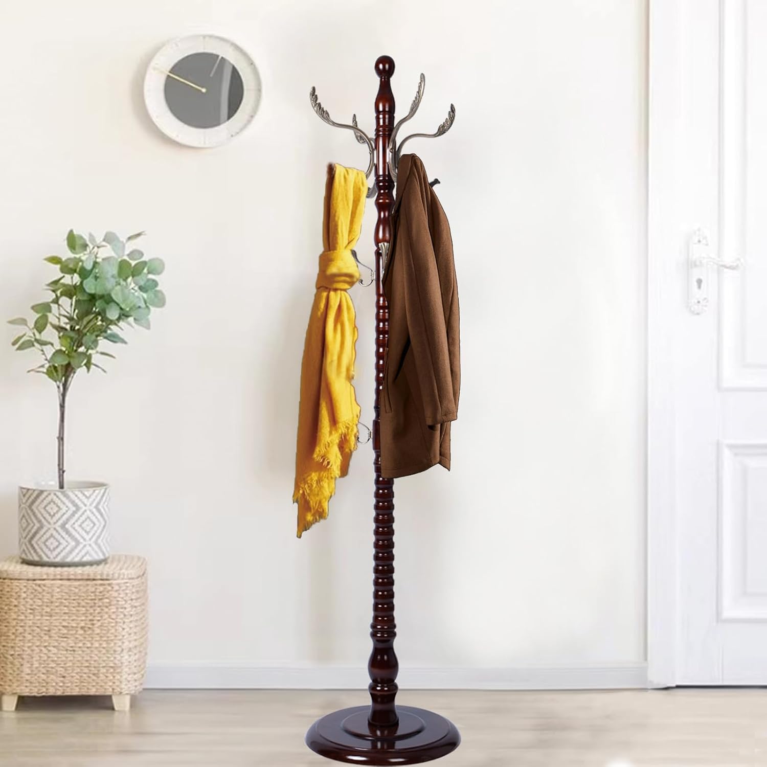 Wooden Coat Rack Freestanding, Hall Tree Hanger With Resin Hooks, Adjustable Heavy Duty Coat Rack for Hanging Clothes Bags Hats in Living Room Bedroom (coat rack, Round Base-Rosewood Color)