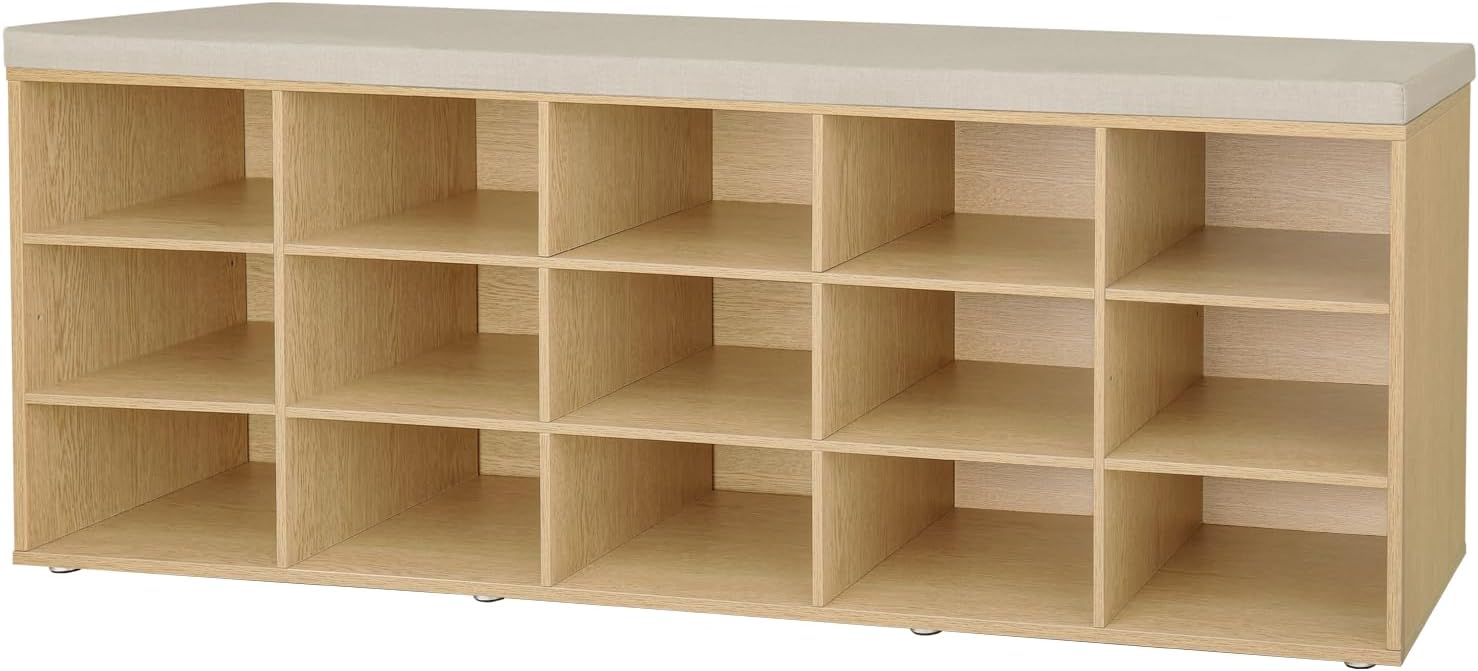 DINZI LVJ Shoe Storage Bench with Cushion, Cubby Shoe Rack with 12 Cubbies, Adjustable Shelves, Multifunctional Shoe Organizer Bench for Entryway, Mudroom, Hallway, Closet and Garage, White