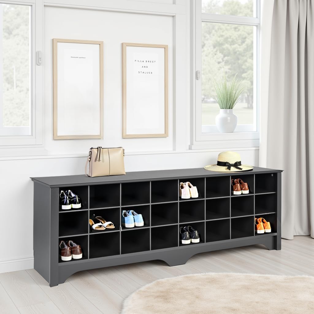 Prepac 24 Pair Shoe Cubby Bench, Entryway Bench, Mud Room Organization and Storage Bench for up to 24 Pairs of Shoes, Black, 15.5"D x 60"W x 20.25"H