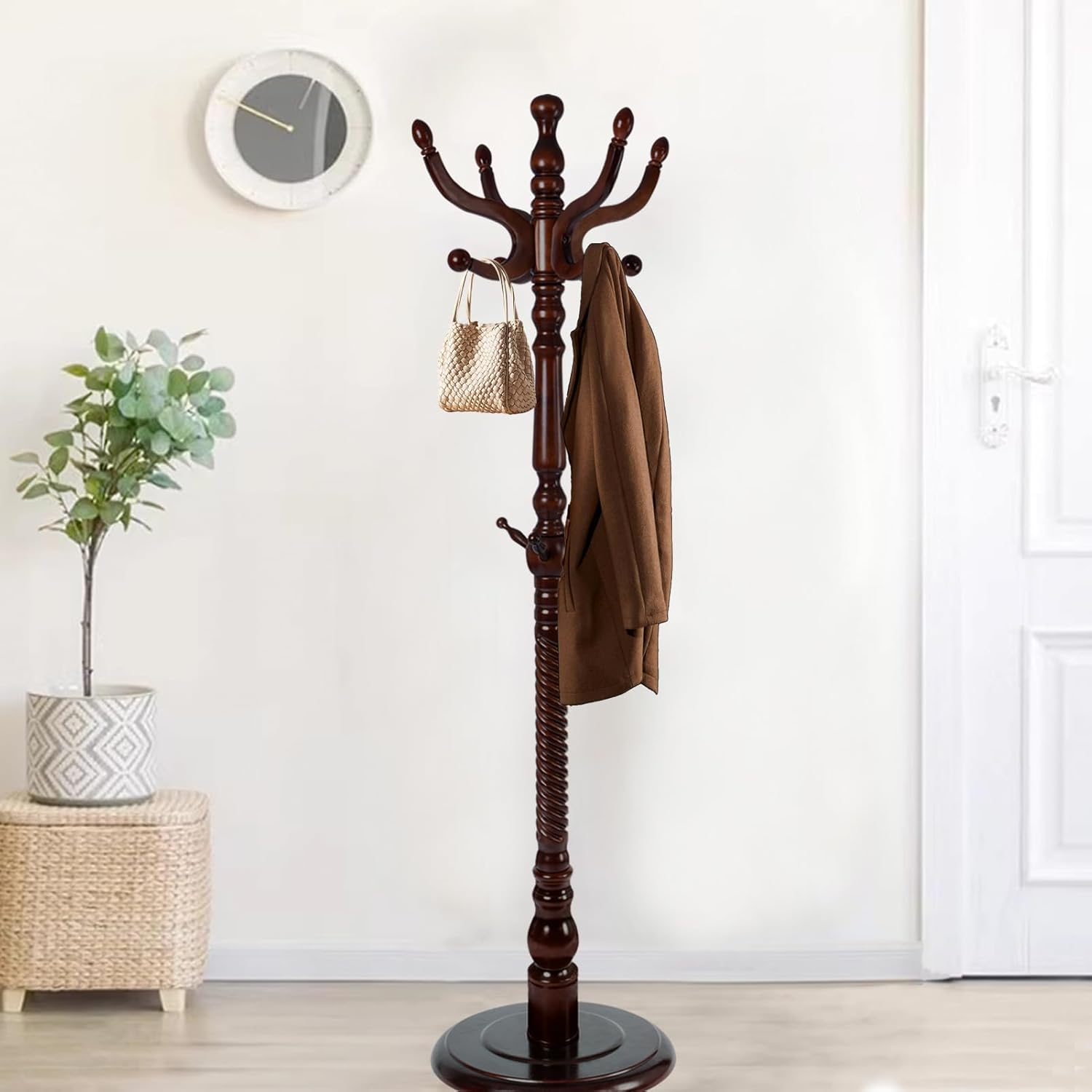 Wooden Coat Rack Freestanding, Hall Tree Hanger With Resin Hooks, Adjustable Heavy Duty Coat Rack for Hanging Clothes Bags Hats in Living Room Bedroom (coat rack, Round Base-Rosewood Color)