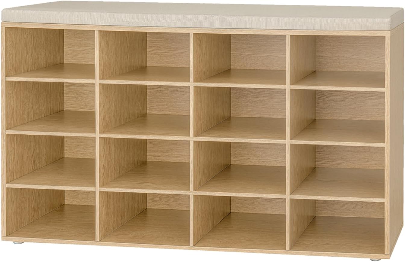 DINZI LVJ Shoe Storage Bench with Cushion, Cubby Shoe Rack with 12 Cubbies, Adjustable Shelves, Multifunctional Shoe Organizer Bench for Entryway, Mudroom, Hallway, Closet and Garage, White