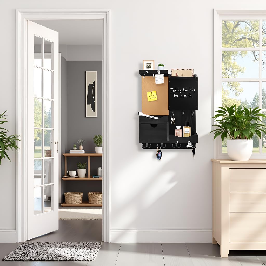 Key Holder Wall Mount， Mail Organizer Key Holder for Wall with Shelf, Drawer, Chalkboard, Corkboard, Home Decor Wall Mounted for Room Entryway (Black)