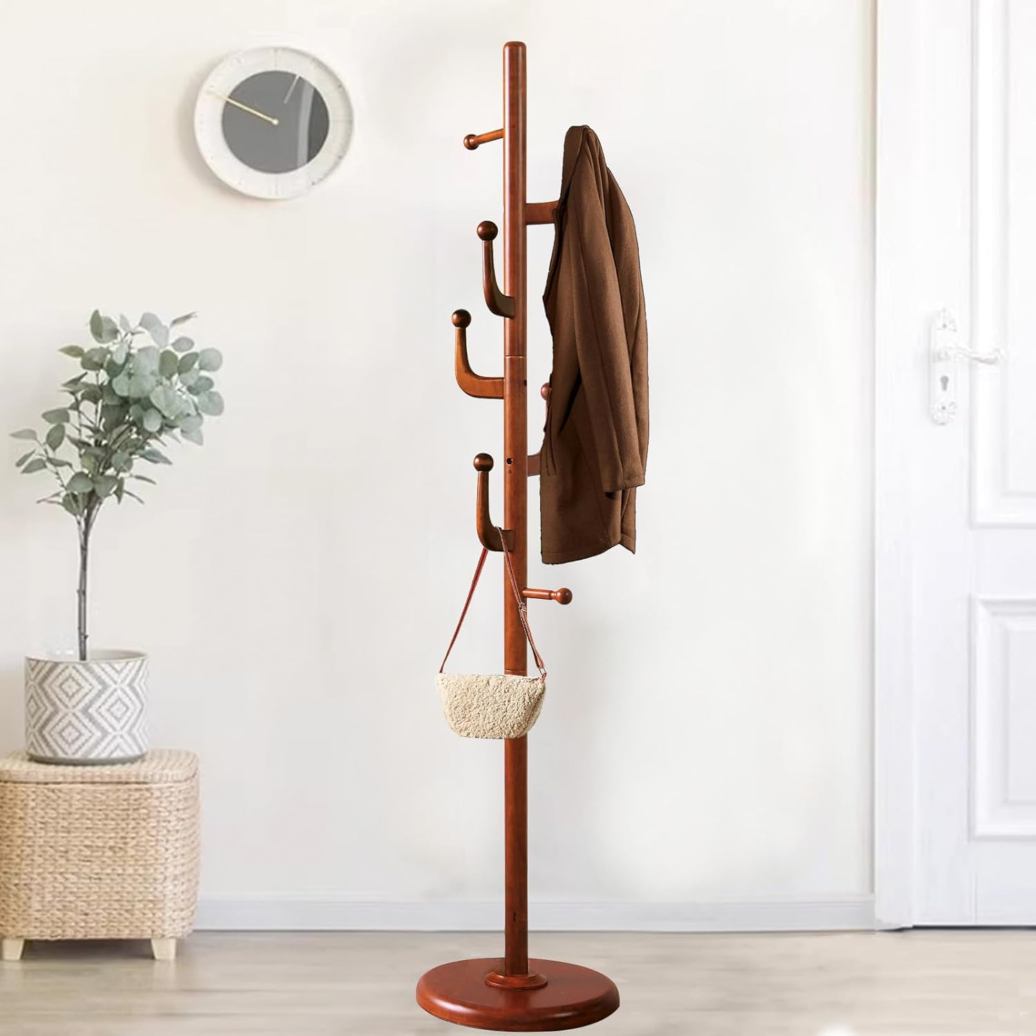 Wooden Coat Rack Freestanding, Hall Tree Hanger With Resin Hooks, Adjustable Heavy Duty Coat Rack for Hanging Clothes Bags Hats in Living Room Bedroom (coat rack, Round Base-Rosewood Color)