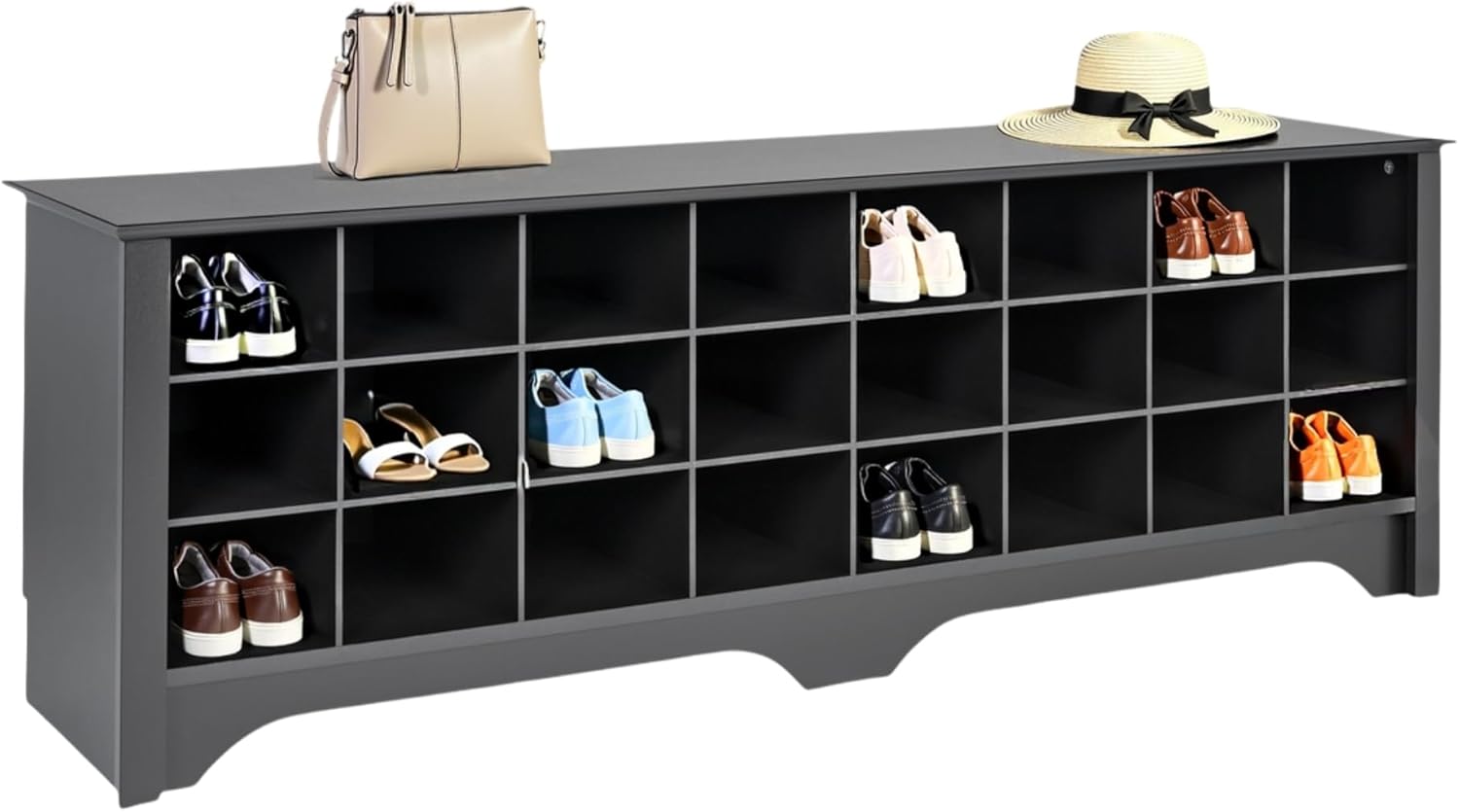 Prepac 24 Pair Shoe Cubby Bench, Entryway Bench, Mud Room Organization and Storage Bench for up to 24 Pairs of Shoes, Black, 15.5"D x 60"W x 20.25"H