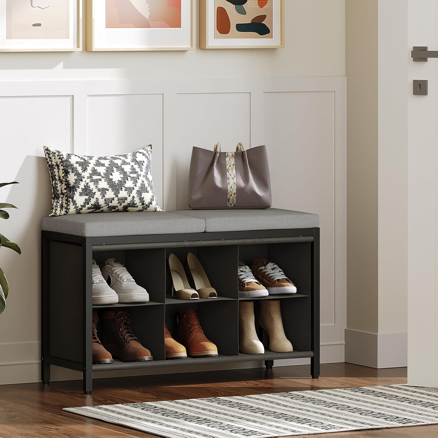 Shoe Storage Bench with Cushion, Entryway Bench, Shoe Rack with Padded Seat and 6 Oxford Compartments, for Closet, Bedroom, Entryway, Black and Gray HX01BK