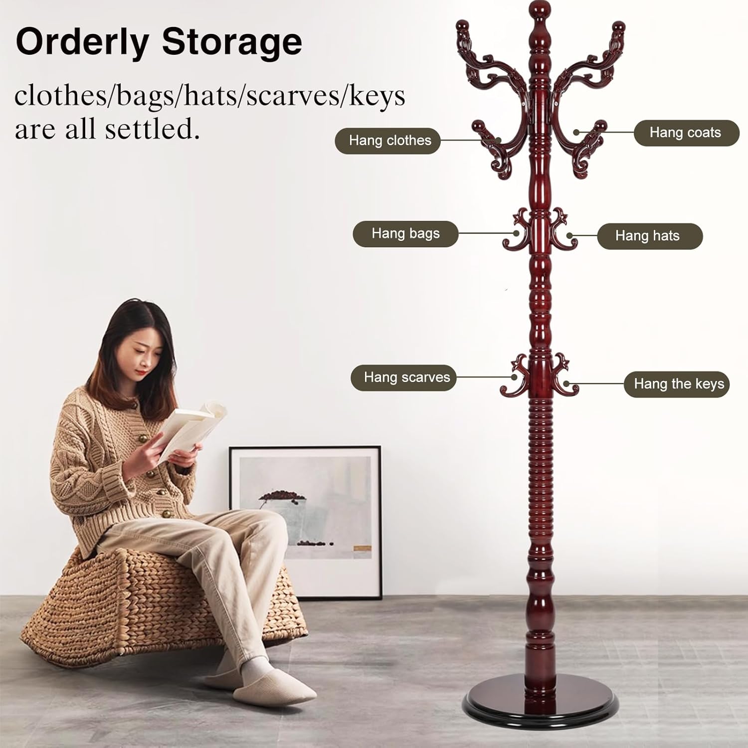 Wooden Coat Rack Freestanding, Hall Tree Hanger With Resin Hooks, Adjustable Heavy Duty Coat Rack for Hanging Clothes Bags Hats in Living Room Bedroom (coat rack, Round Base-Rosewood Color)