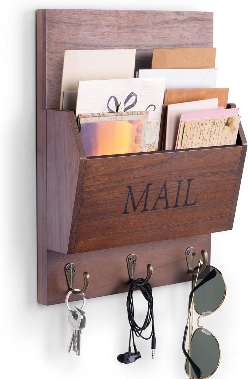 DLQuarts Mail Organizer with Key Holder for Wall Decorative Mail Sorter Wall Mounted, Wooden Mail Holder with 3 Hooks, White