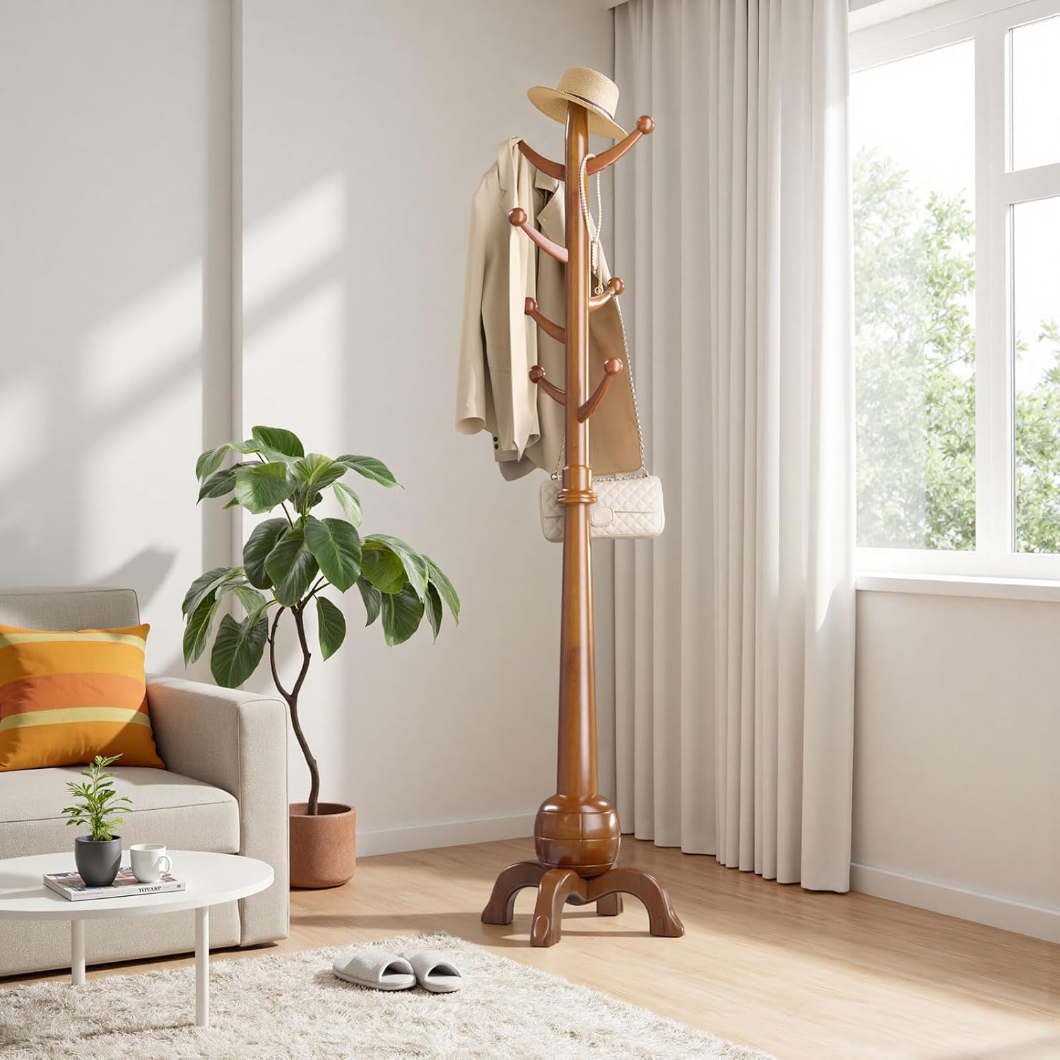 Wood Coat Rack Freestanding, Solid Wooden Hall Tree with 8 Hooks, Coat Tree Freestanding Heavy Duty with Stable Base, Entryway Hallway Bedroom Office Use, 240lbs Load Capacity H:71.6in (Walnut)