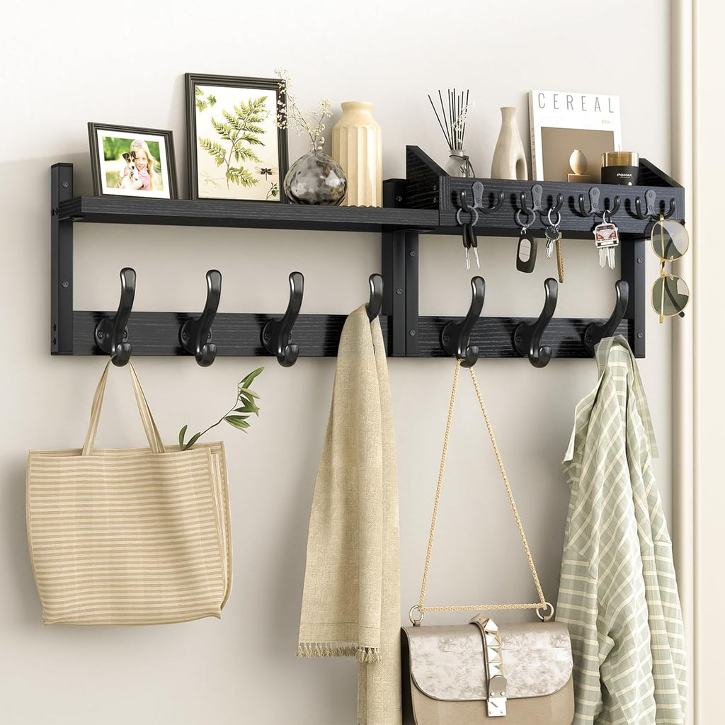Evermagin 29" Coat Rack Wall Mount with Shelf, 4 in 1 Coat and Key Hanger with 11 Metal Hooks, Entryway Wall Mounted Shelf with Mail Holder for Living Room, Bedroom, Rustic Brown