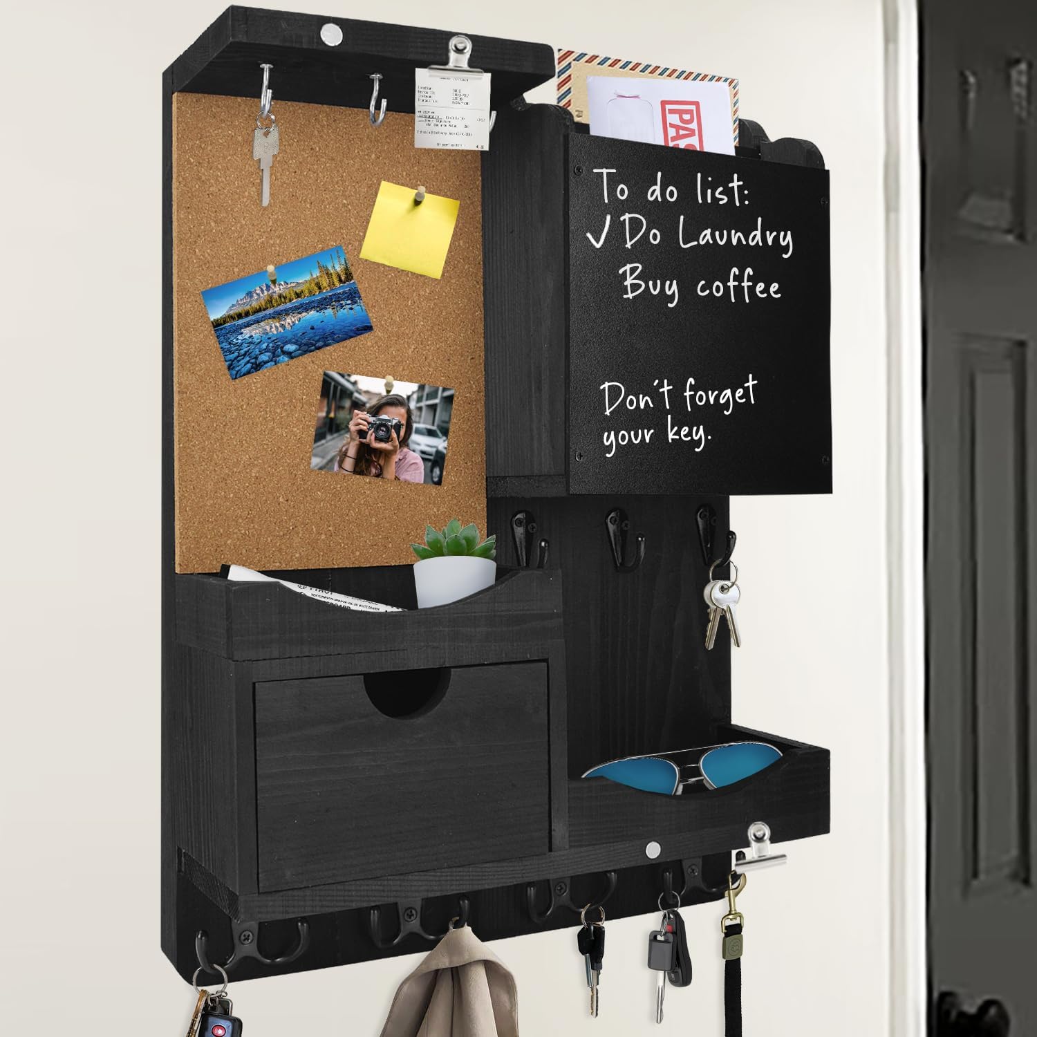 Key Holder Wall Mount， Mail Organizer Key Holder for Wall with Shelf, Drawer, Chalkboard, Corkboard, Home Decor Wall Mounted for Room Entryway (Black)
