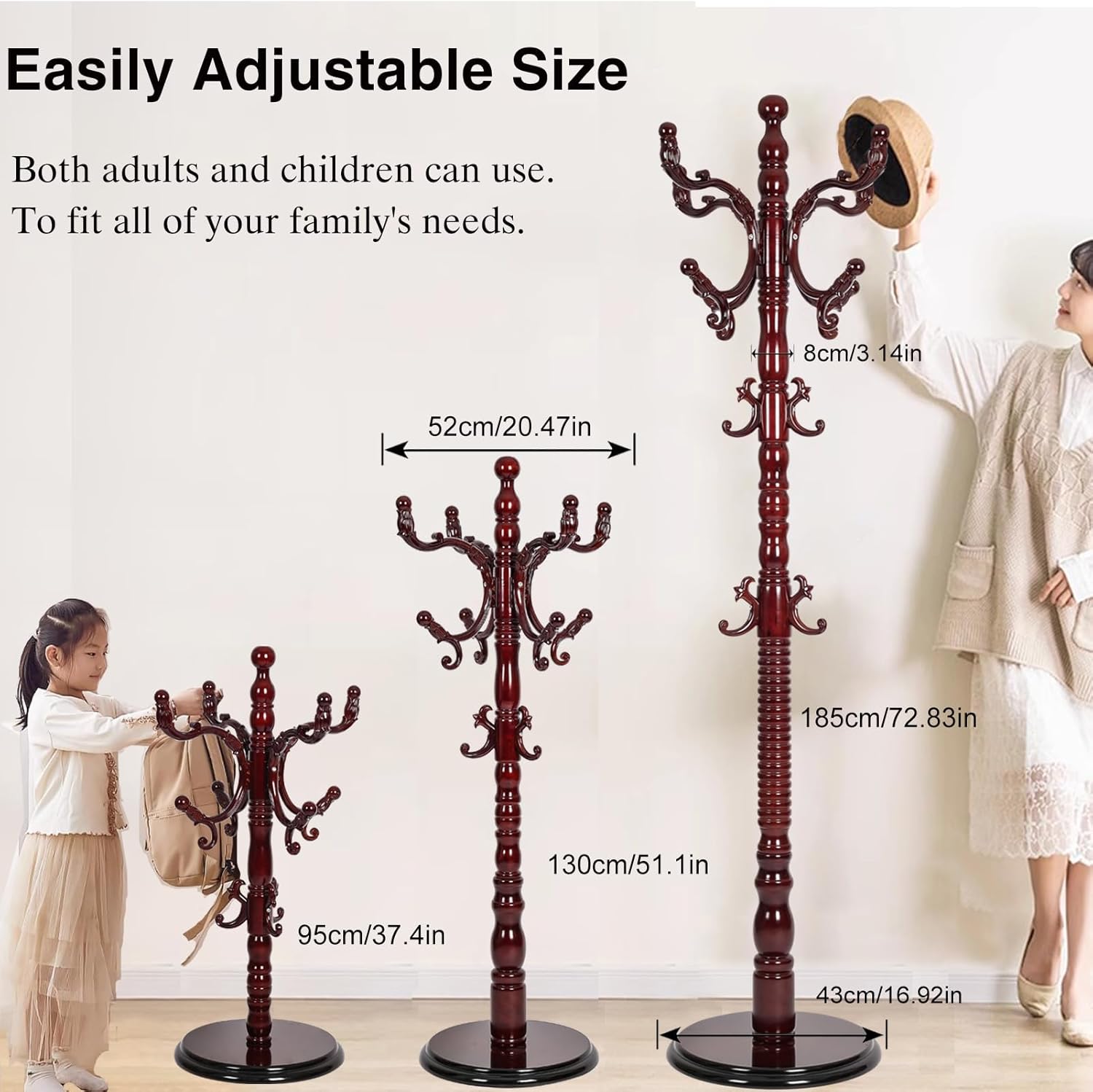 Wooden Coat Rack Freestanding, Hall Tree Hanger With Resin Hooks, Adjustable Heavy Duty Coat Rack for Hanging Clothes Bags Hats in Living Room Bedroom (coat rack, Round Base-Rosewood Color)