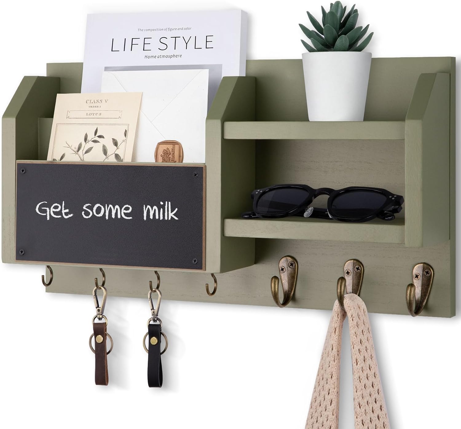 Mail and Key Holder – Wall Mount Key Hanger with Shelf and 7 Metal Hooks – Decorative Natural Paulownia Wood Entryway Organizer with Mounting Hardware (16.5”W x 8.7”H x 3.5”D) (Brown)