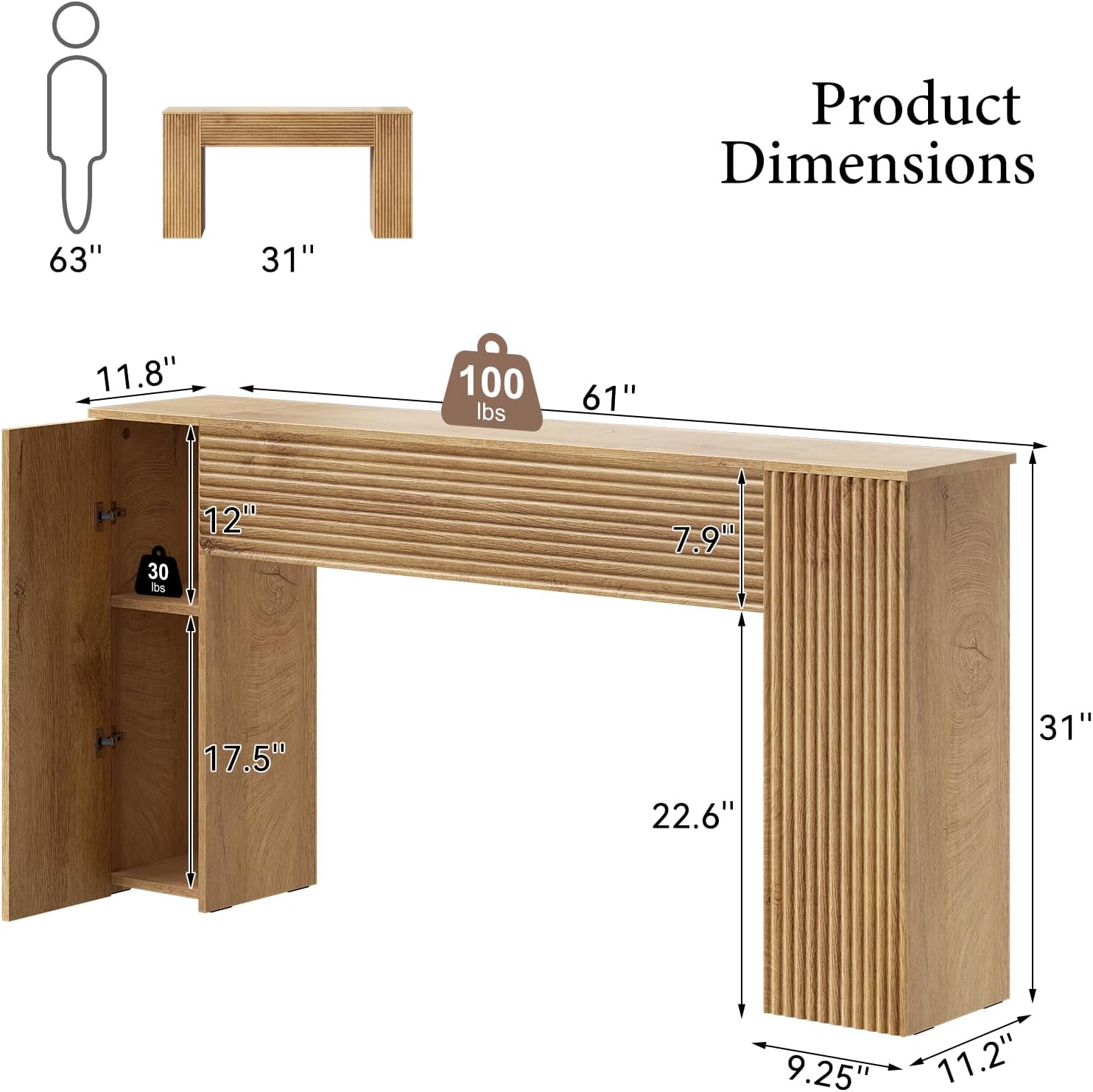 FABATO 61'' Fluted Long Console Table, Wooden Rectangular Sofa Table Behind The Couch, Narrow Entryway Table with 2 Hidden Storage Cabinets for Entrance, Hallway, Living Room, Foyer, Wood