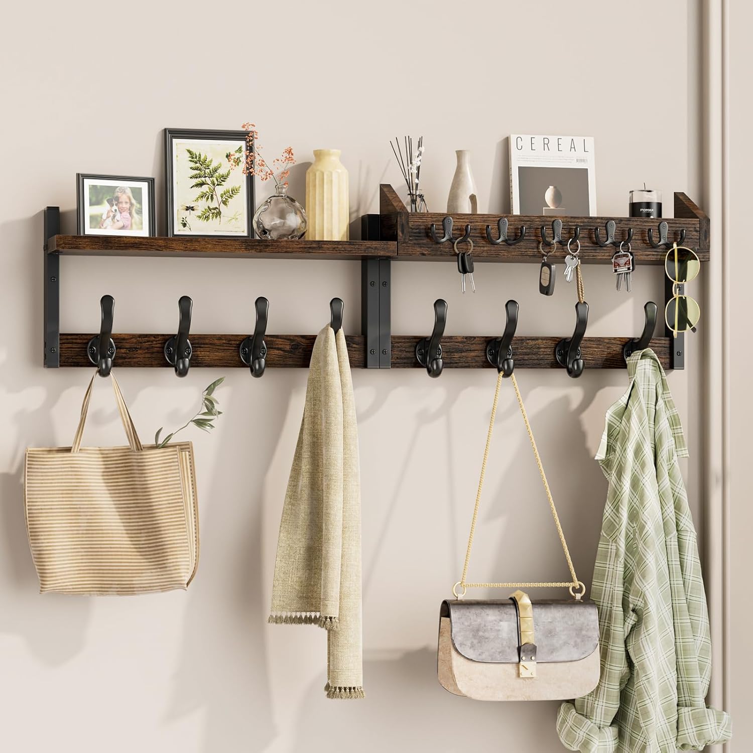 Evermagin 29" Coat Rack Wall Mount with Shelf, 4 in 1 Coat and Key Hanger with 11 Metal Hooks, Entryway Wall Mounted Shelf with Mail Holder for Living Room, Bedroom, Rustic Brown