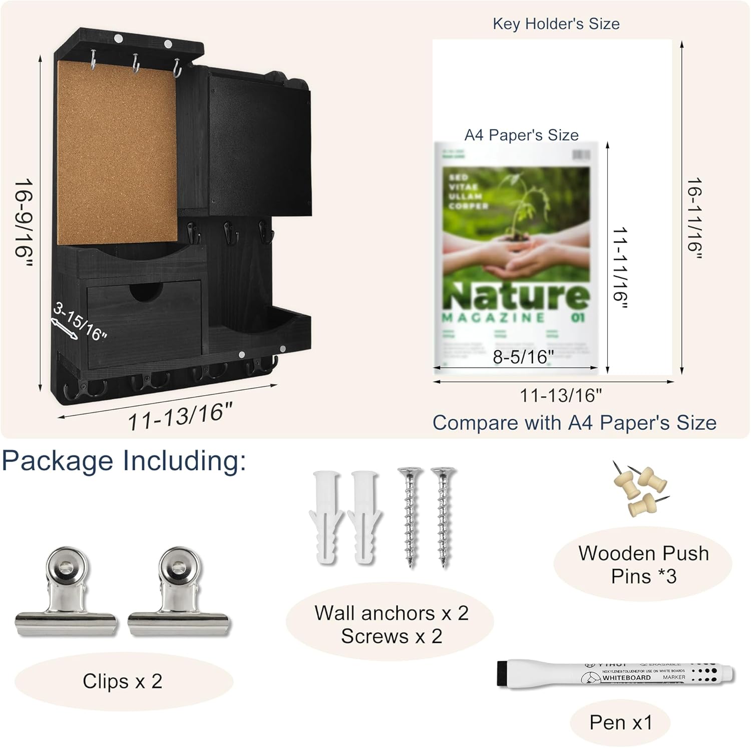 Key Holder Wall Mount， Mail Organizer Key Holder for Wall with Shelf, Drawer, Chalkboard, Corkboard, Home Decor Wall Mounted for Room Entryway (Black)