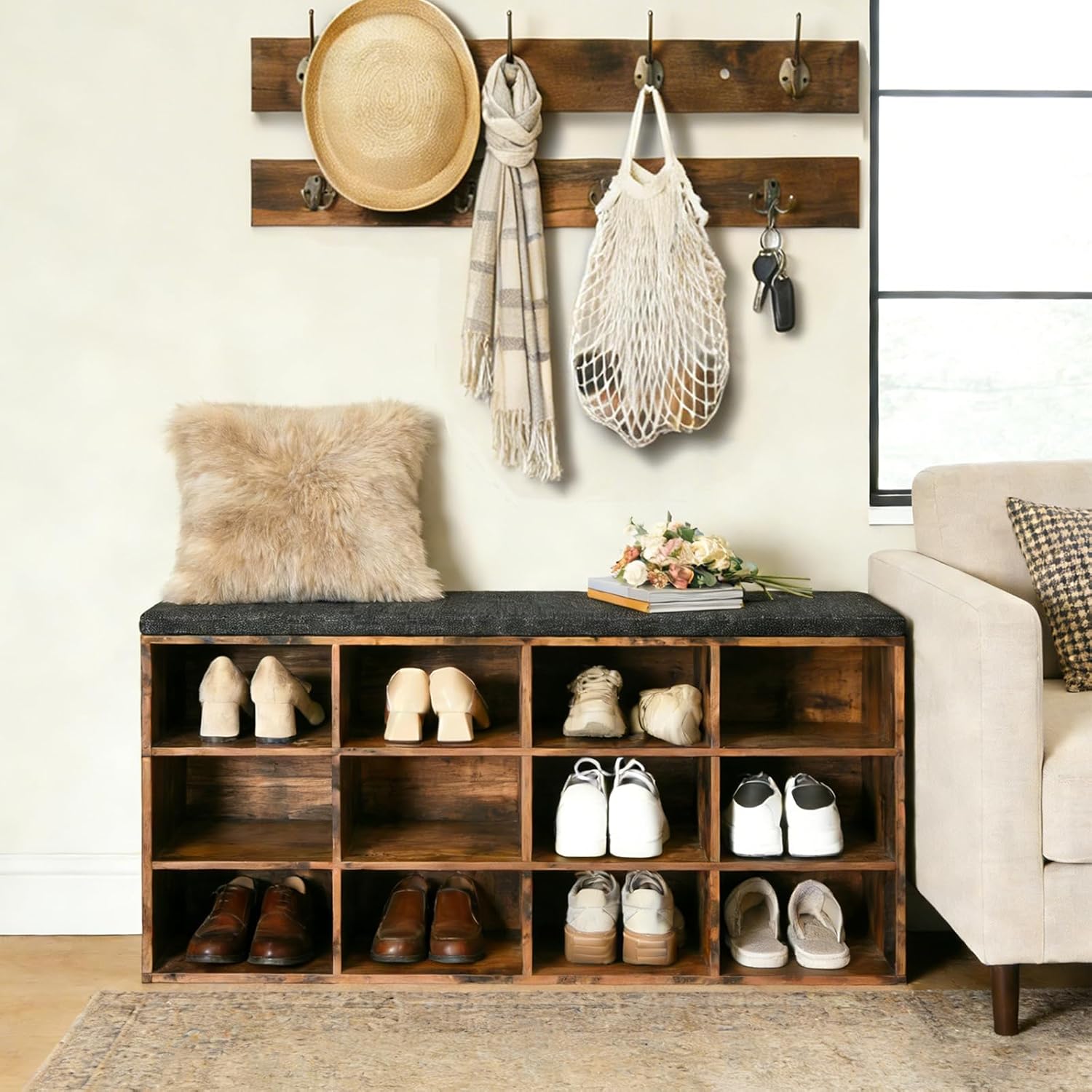 HOOBRO Shoe Storage Bench with Cushion, 39.4" L Entryway Bench with 12 Cubbies, Entryway Hall Tree with Storage, Shoe Cabinet with Coat Rack for Bedroom, Hallway, Holds up to 330 lb, BF112HX01G1