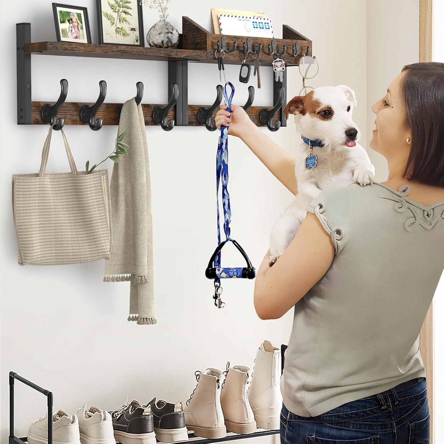 Evermagin 29" Coat Rack Wall Mount with Shelf, 4 in 1 Coat and Key Hanger with 11 Metal Hooks, Entryway Wall Mounted Shelf with Mail Holder for Living Room, Bedroom, Rustic Brown
