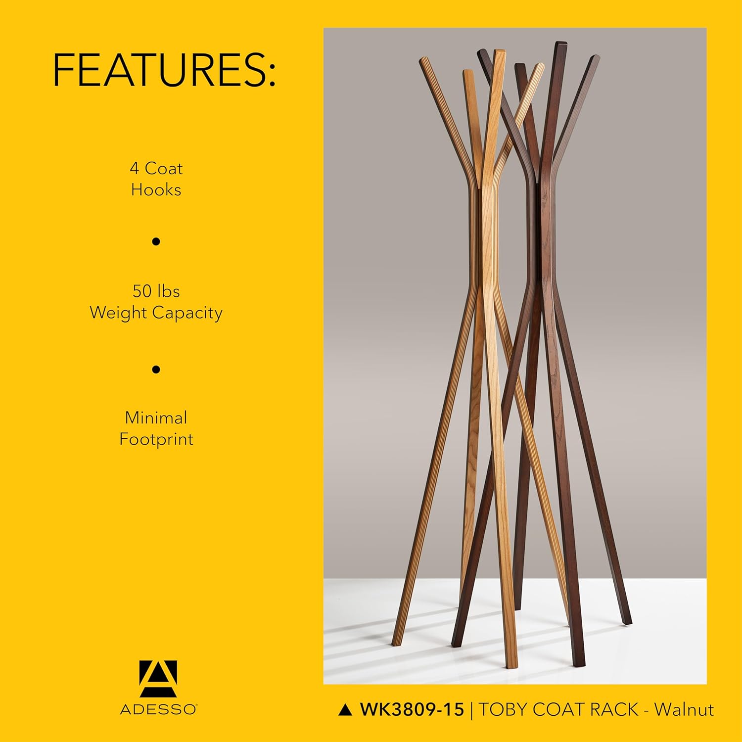 Adesso Toby Coat Rack with Natural Oak Finish – Space-Saving Entryway Organizer Perfect for Coats, Bags, Purses and Hats – 6 Hooks, 68.25" Tall