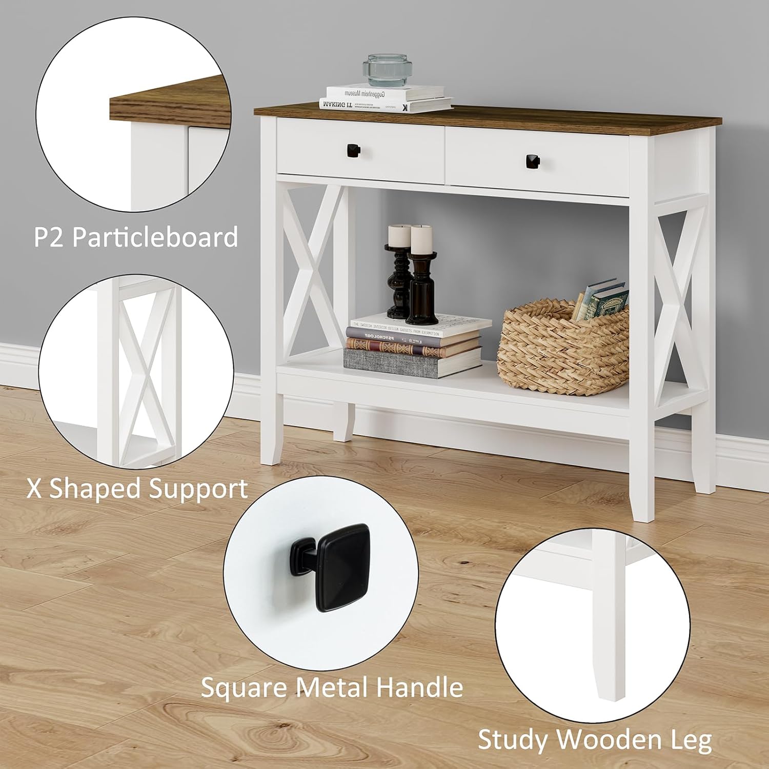 Console Table,Sofa Table 13.8" D x 39.37" W x 31.5" HEntryway Table with 2 Drawers Storage Shelve Foyer Table for Entryway Farmhouse Hallway Tables (White)