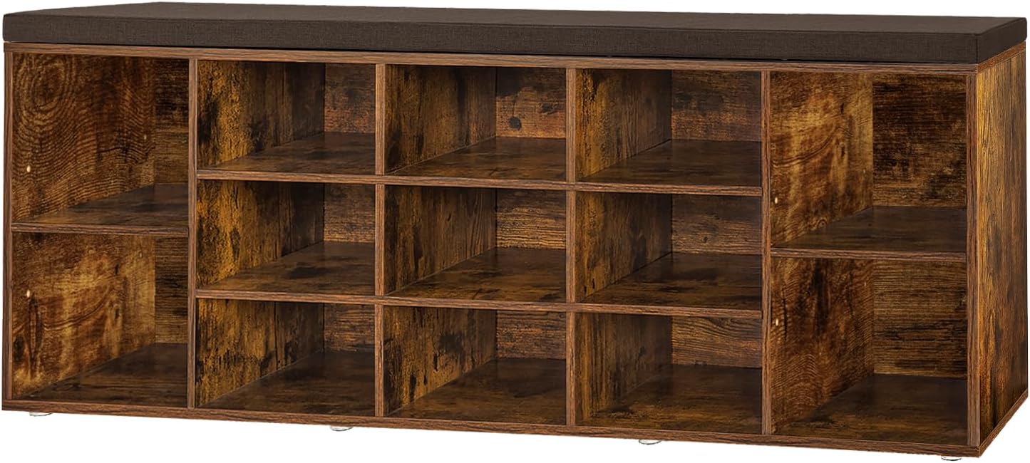 DINZI LVJ Shoe Storage Bench with Cushion, Cubby Shoe Rack with 12 Cubbies, Adjustable Shelves, Multifunctional Shoe Organizer Bench for Entryway, Mudroom, Hallway, Closet and Garage, White