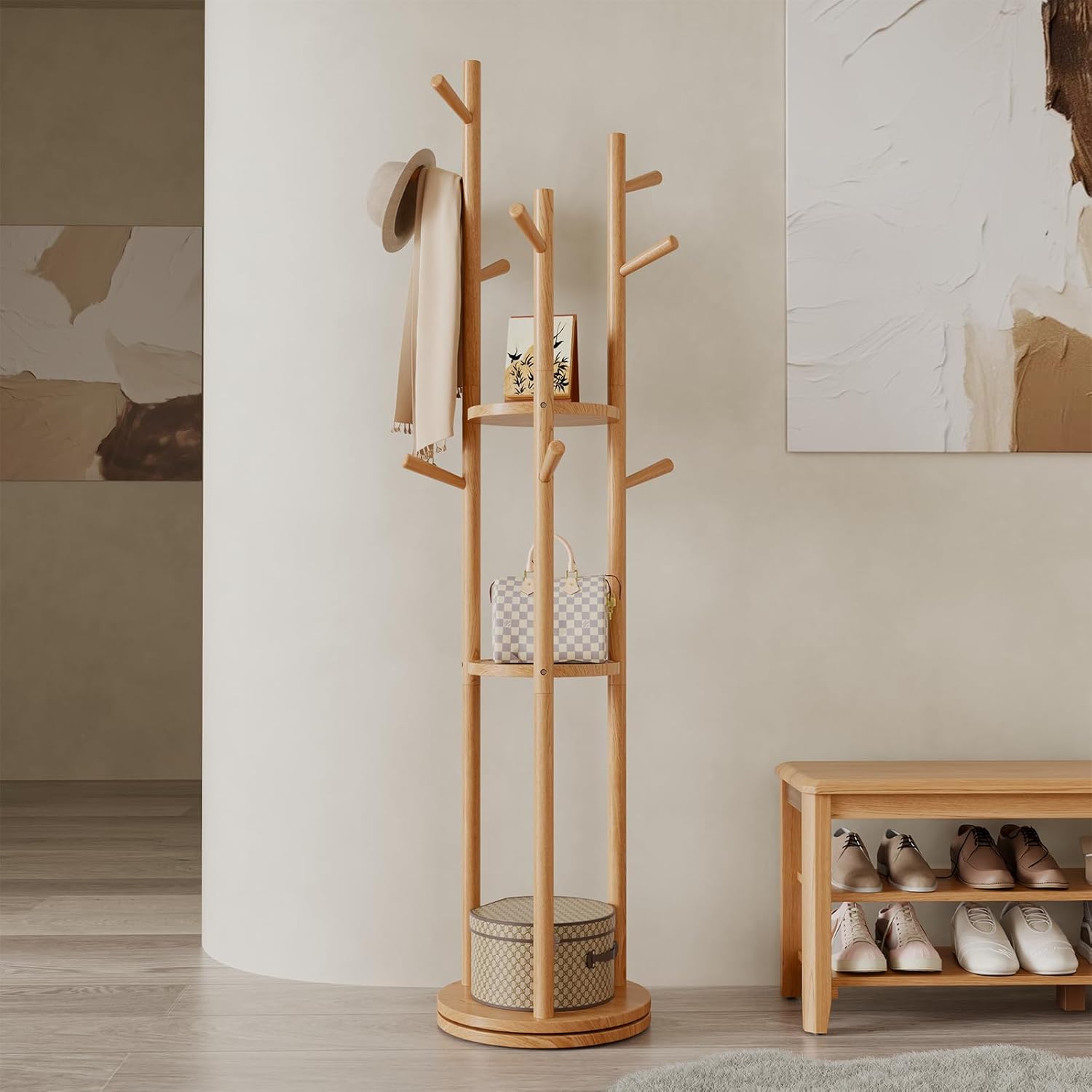 Solid Wood Rotary Coat Rack, Freestanding Coat Rack with 3 Shelves and 9 Hooks, Coat tree for Bedroom, Entryway, Livingroom, Coat Hanger Stand for Coats, Scarves, Handbags (Walnut)