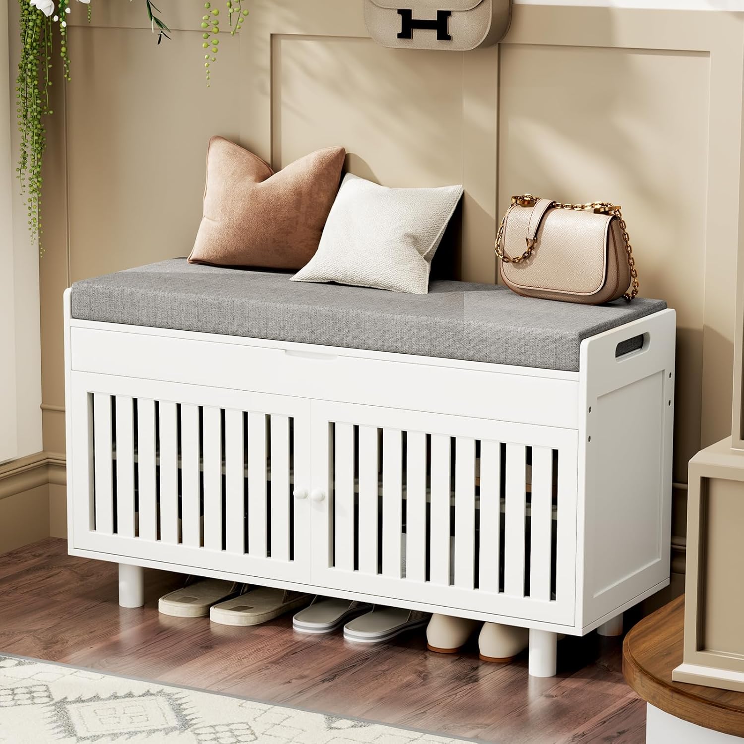 Shoe Storage Bench, Bamboo Entryway Bench with 2 Doors & Padded Seat Cushion, 35.4" W x 12.6" D x 19.7" H, 2-Tier Shoe Rack with Lift Top Hidden Storage, for Entryway, Living Room, Bedroom, Natural