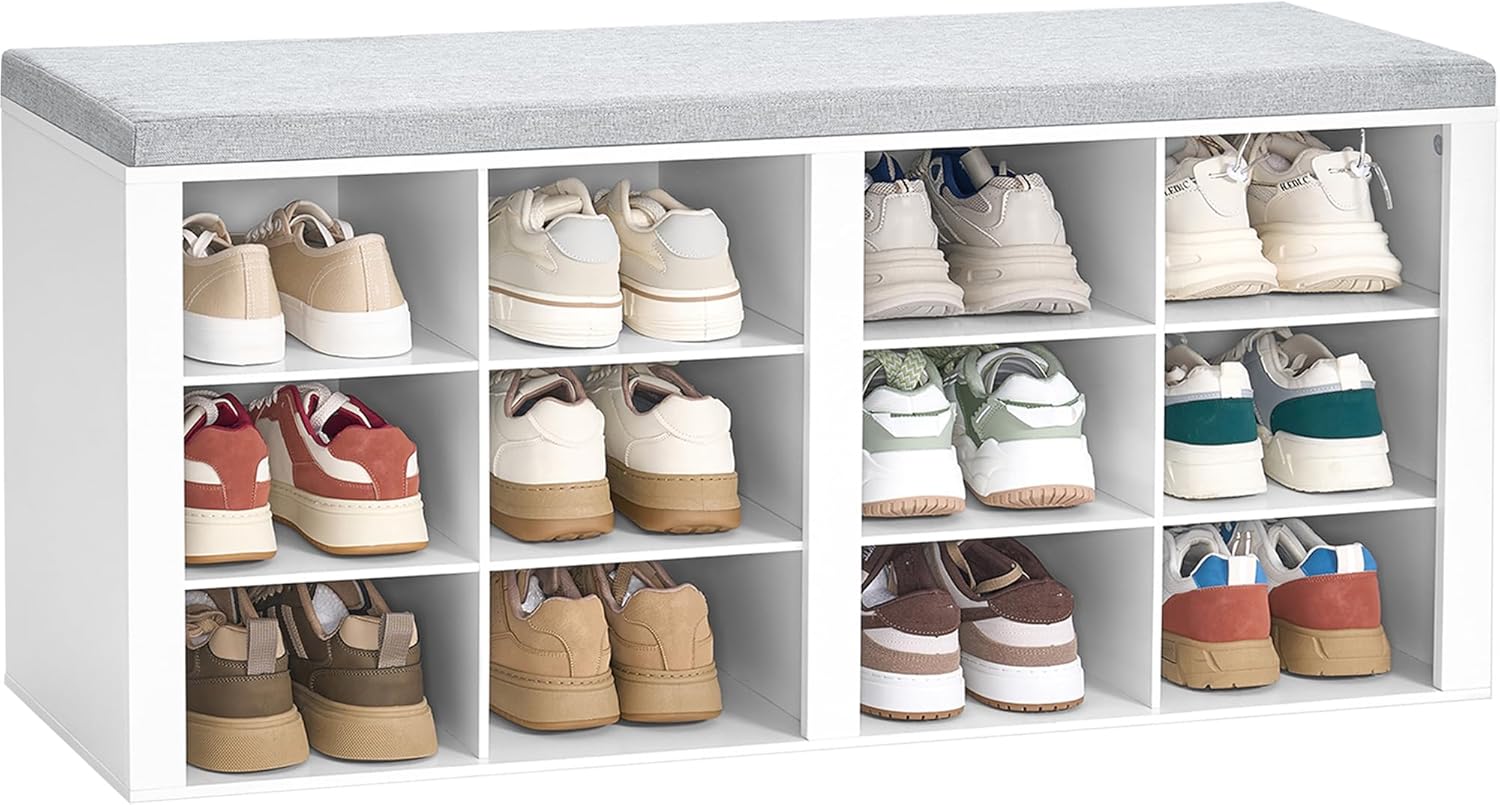 Shoe Bench with Cushion, Entryway Storage Bench with 12 Cubbies, Cubby Shoe Rack with Adjustable Shelves, Shoe Organizer Cabinet for Living Room, Bedroom, Entryway, White SB19003GY