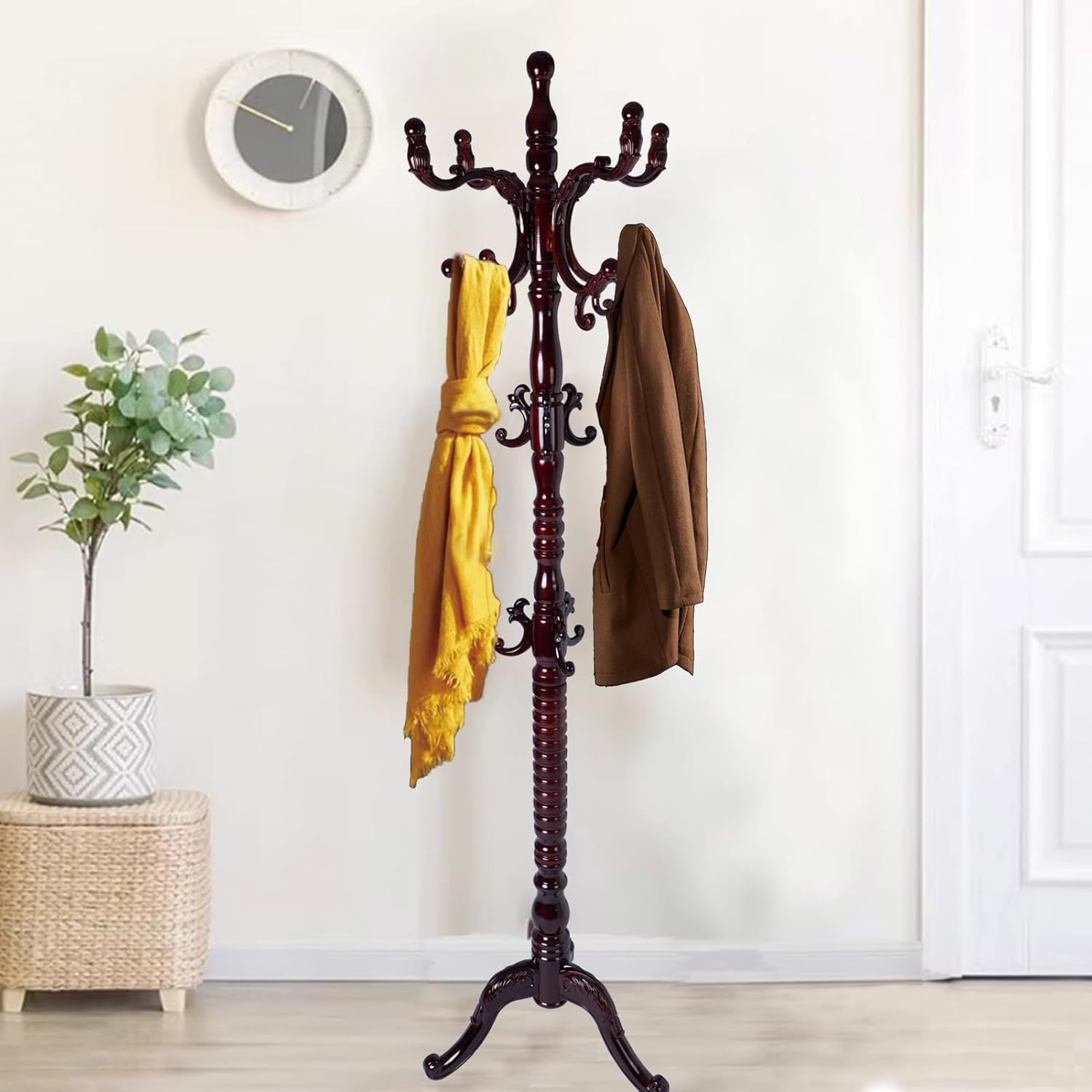 Wooden Coat Rack Freestanding, Hall Tree Hanger With Resin Hooks, Adjustable Heavy Duty Coat Rack for Hanging Clothes Bags Hats in Living Room Bedroom (coat rack, Round Base-Rosewood Color)