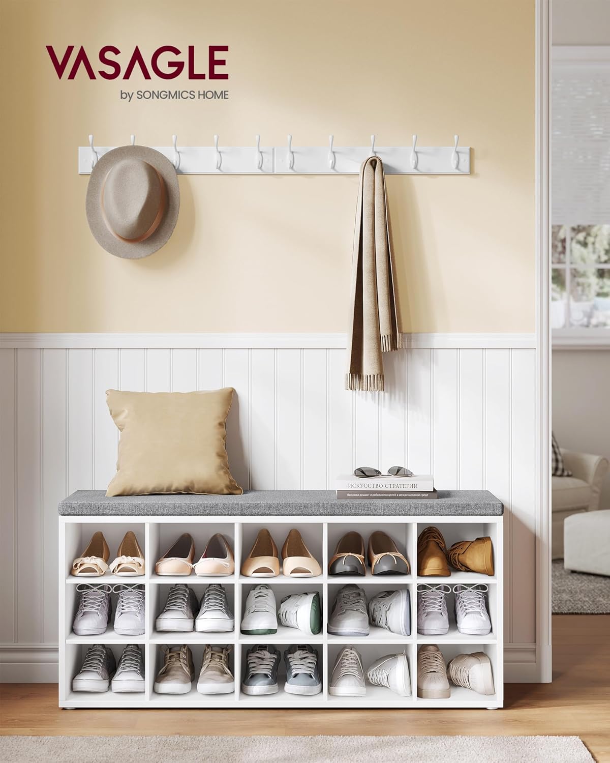 VASAGLE CUSTOS Collection - Shoe Bench, Storage Bench with Padded Seat, Entryway Bench with 15 Compartments, for Bedroom, 11.8 x 41.3 x 18.9 Inches, Cloud White and Dove Gray ULHS15WT