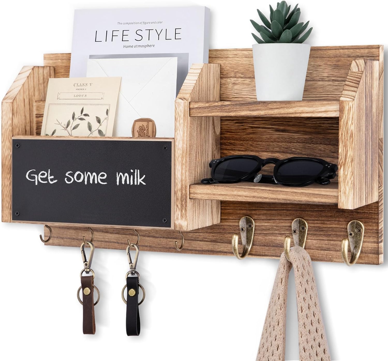 Mail and Key Holder – Wall Mount Key Hanger with Shelf and 7 Metal Hooks – Decorative Natural Paulownia Wood Entryway Organizer with Mounting Hardware (16.5”W x 8.7”H x 3.5”D) (Brown)