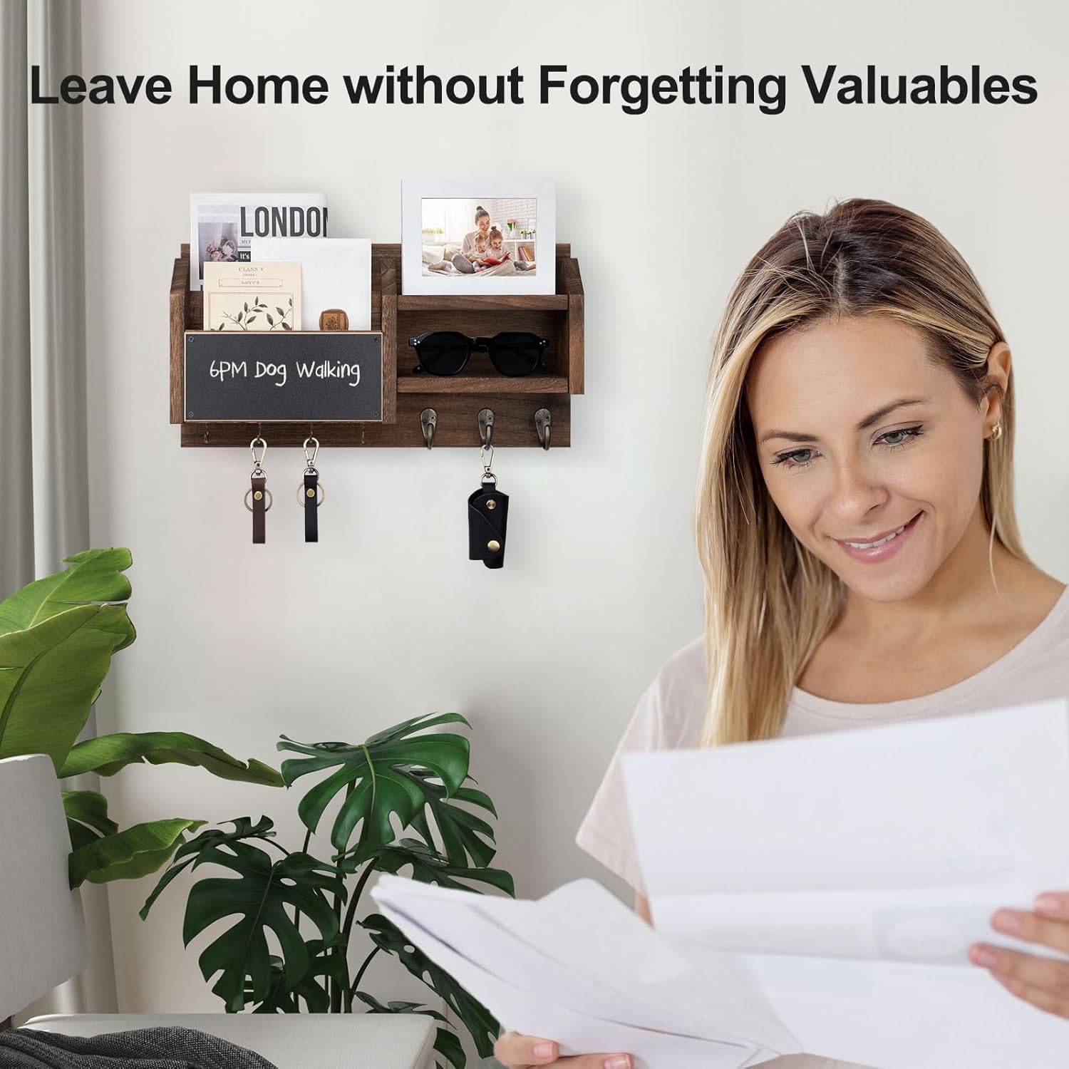 Mail and Key Holder – Wall Mount Key Hanger with Shelf and 7 Metal Hooks – Decorative Natural Paulownia Wood Entryway Organizer with Mounting Hardware (16.5”W x 8.7”H x 3.5”D) (Brown)