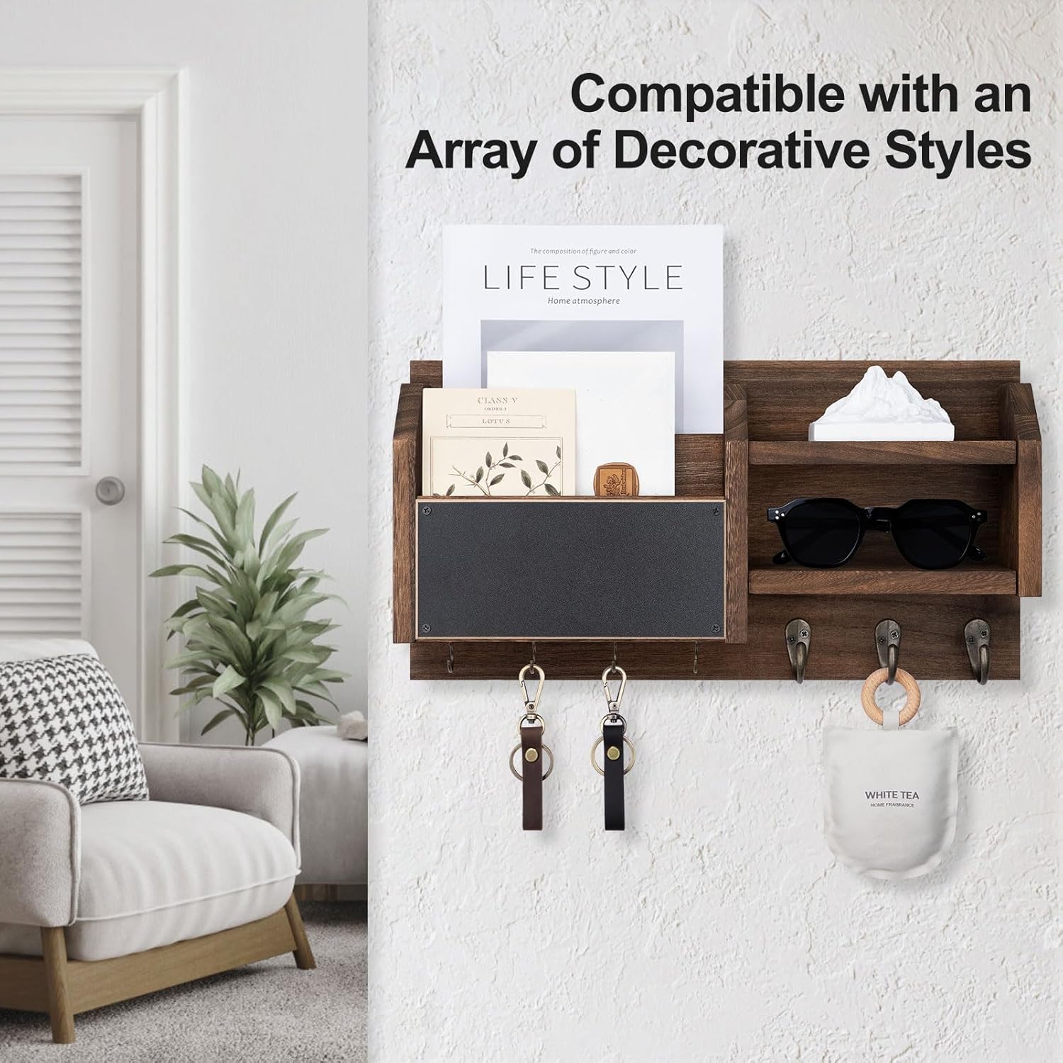 Mail and Key Holder – Wall Mount Key Hanger with Shelf and 7 Metal Hooks – Decorative Natural Paulownia Wood Entryway Organizer with Mounting Hardware (16.5”W x 8.7”H x 3.5”D) (Brown)