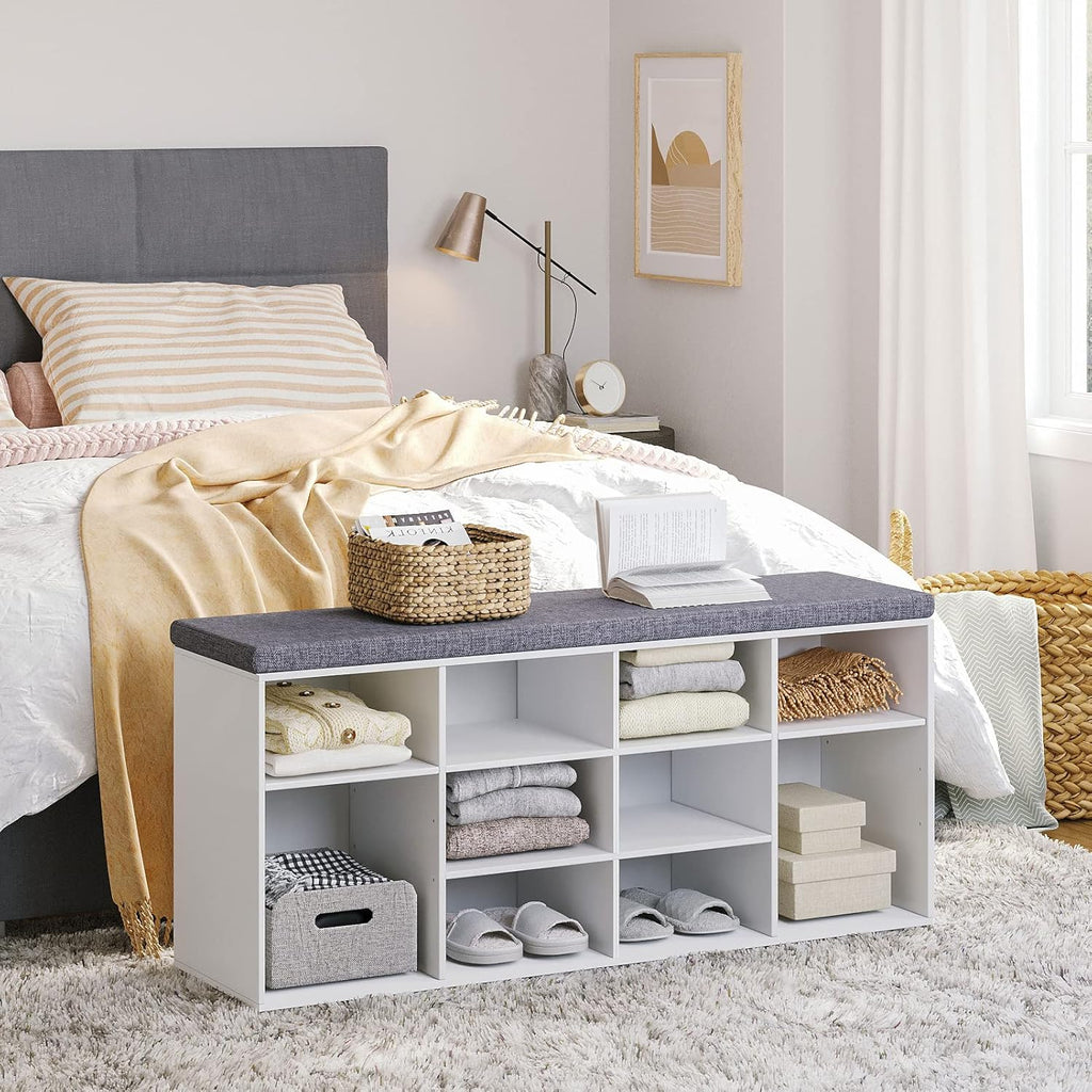 DINZI LVJ Shoe Storage Bench with Cushion, Cubby Shoe Rack with 12 Cubbies, Adjustable Shelves, Multifunctional Shoe Organizer Bench for Entryway, Mudroom, Hallway, Closet and Garage, White
