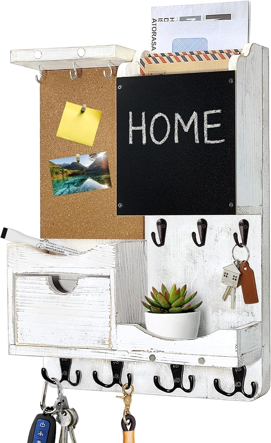 Key Holder Wall Mount， Mail Organizer Key Holder for Wall with Shelf, Drawer, Chalkboard, Corkboard, Home Decor Wall Mounted for Room Entryway (Black)