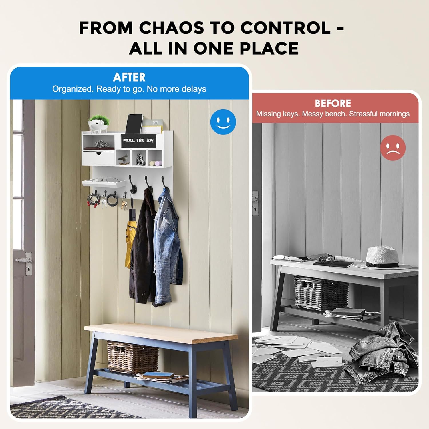 Key Holder Wall Mount with Mail Slot, Adjustable Entryway Shelf & Chalkboard – Farmhouse Key Hooks for Wall, Ideal for Coats, Bags, Keys in Home or Apartment