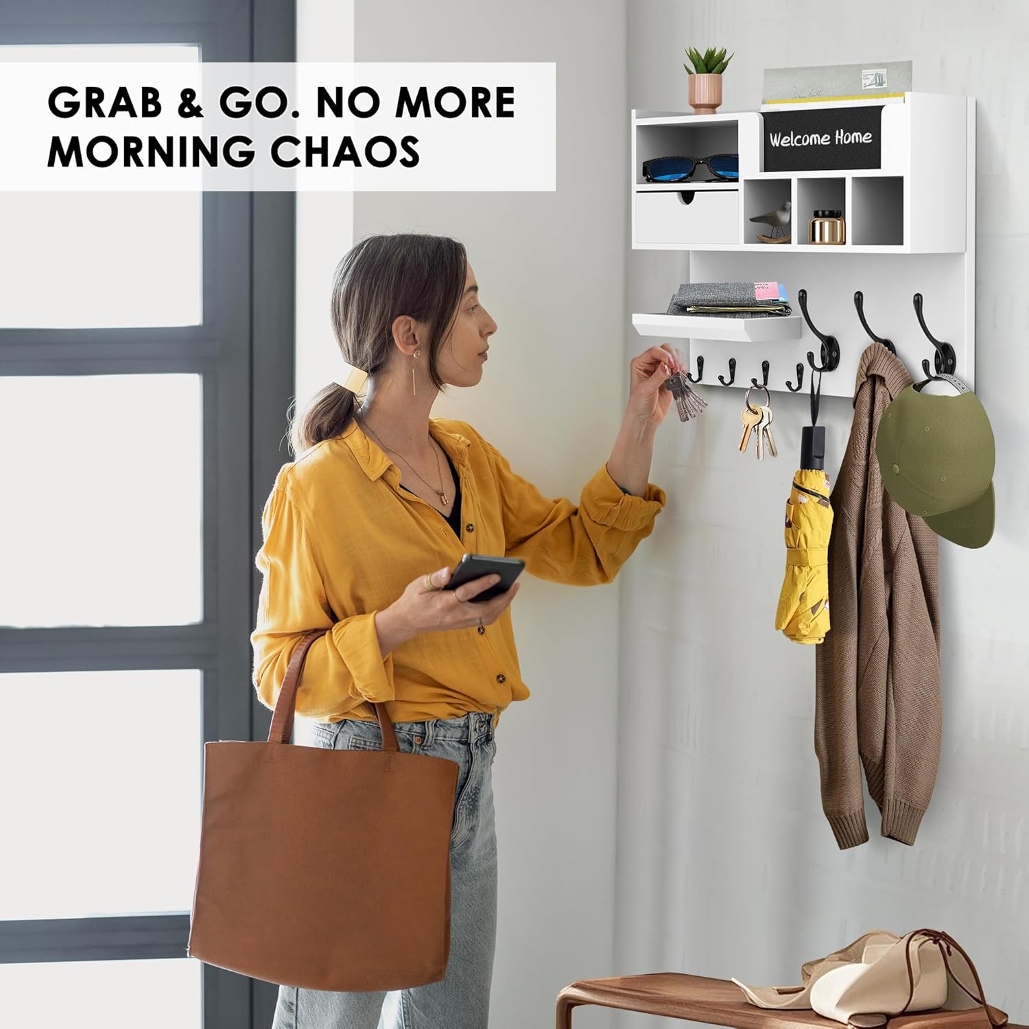 Key Holder Wall Mount with Mail Slot, Adjustable Entryway Shelf & Chalkboard – Farmhouse Key Hooks for Wall, Ideal for Coats, Bags, Keys in Home or Apartment